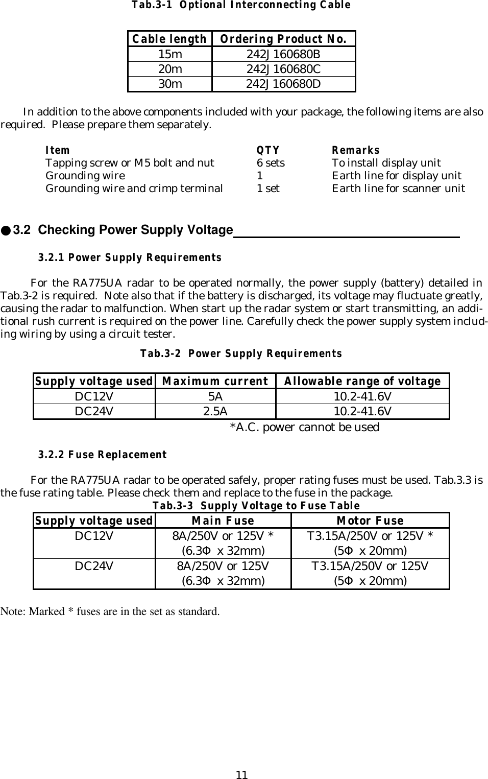 11Tab.3-1  Optional Interconnecting CableIn addition to the above components included with your package, the following items are alsorequired.  Please prepare them separately.Item QTY RemarksTapping screw or M5 bolt and nut 6 sets To install display unitGrounding wire 1Earth line for display unitGrounding wire and crimp terminal 1 set Earth line for scanner unit●3.2  Checking Power Supply Voltage                                                            3.2.1 Power Supply RequirementsFor the RA775UA radar to be operated normally, the power supply (battery) detailed inTab.3-2 is required.  Note also that if the battery is discharged, its voltage may fluctuate greatly,causing the radar to malfunction. When start up the radar system or start transmitting, an addi-tional rush current is required on the power line. Carefully check the power supply system includ-ing wiring by using a circuit tester.Tab.3-2  Power Supply Requirements*A.C. power cannot be used3.2.2 Fuse ReplacementFor the RA775UA radar to be operated safely, proper rating fuses must be used. Tab.3.3 isthe fuse rating table. Please check them and replace to the fuse in the package.Tab.3-3  Supply Voltage to Fuse TableNote: Marked * fuses are in the set as standard.Cable length Ordering Product No.15m 242J160680B20m 242J160680C30m 242J160680DSupply voltage used Maximum current Allowable range of voltageDC12V 5A 10.2-41.6VDC24V 2.5A 10.2-41.6VSupply voltage used Main Fuse Motor FuseDC12V 8A/250V or 125V *(6.3Φ x 32mm) T3.15A/250V or 125V *(5Φ x 20mm)DC24V 8A/250V or 125V(6.3Φ x 32mm) T3.15A/250V or 125V(5Φ x 20mm)