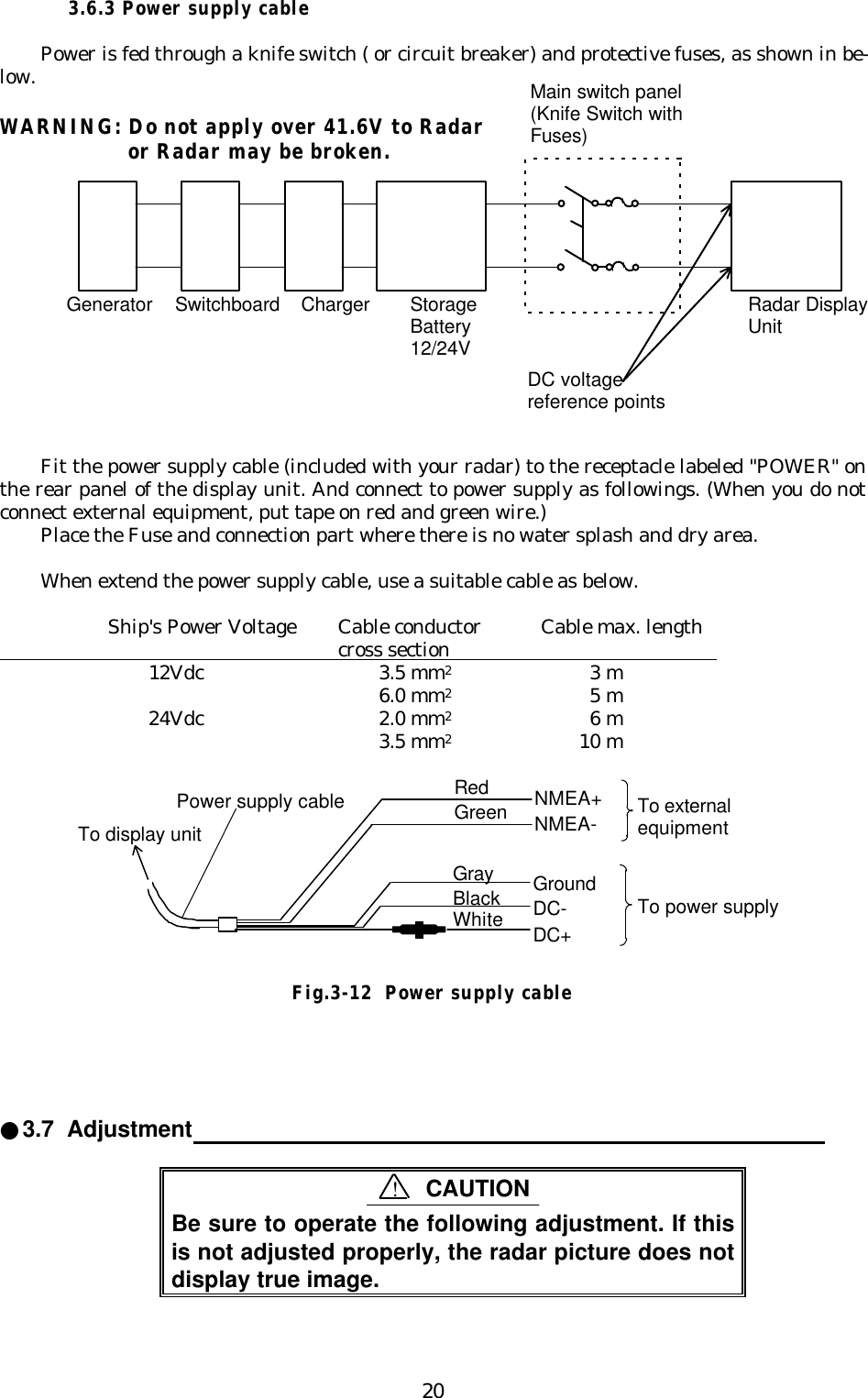 203.6.3 Power supply cablePower is fed through a knife switch ( or circuit breaker) and protective fuses, as shown in be-low.WARNING: Do not apply over 41.6V to Radar or Radar may be broken.Fit the power supply cable (included with your radar) to the receptacle labeled &quot;POWER&quot; onthe rear panel of the display unit. And connect to power supply as followings. (When you do notconnect external equipment, put tape on red and green wire.)Place the Fuse and connection part where there is no water splash and dry area.When extend the power supply cable, use a suitable cable as below.Ship&apos;s Power Voltage Cable conductor Cable max. length                                                              cross section                                                 12Vdc 3.5 mm23 m6.0 mm25 m24Vdc 2.0 mm26 m3.5 mm210 m●3.7  Adjustment                                                                                            Be sure to operate the following adjustment. If thisis not adjusted properly, the radar picture does notdisplay true image.WhiteBlackGrayGreenRedPower supply cableTo display unitDC+DC-GroundNMEA-NMEA+ To externalequipmentTo power supplyFig.3-12  Power supply cable!CAUTIONGenerator Switchboard Charger StorageBattery12/24VMain switch panel(Knife Switch withFuses)Radar DisplayUnitDC voltagereference points