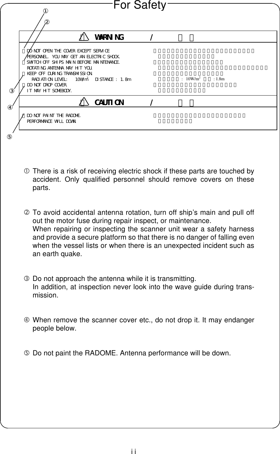 ii・DO NOT OPEN THE COVER EXCEPT SERVICE  PERSONNEL. YOU MAY GET AN ELECTRIC SHOCK.・SWITCH OFF SHIPS MAIN BEFORE MAINTENANCE.  ROTATING ANTENNA MAY HIT YOU.・ KEEP OFF DURING TRANSMISSION.   RADIATION LEVEL:   10W/m2   DISTANCE : 1.8m・ DO NOT DROP COVER. IT MAY HIT SOMEBODY.・ サービスマン以外はふたを開けないでください。 感電するおそれがあります。・作業前に主電源を切って下さい。 回転しているアンテナでけがをするおそれがあります。・ 送信中に近付かないでください。 放射レベル :   10W/m2   距離 : 1.8m・ カバーなどを落下させないでください。 下にいる人が危険です。・DO NOT PAINT THE RADOME.  PERFORMANCE WILL DOWN. ・ レドームにはペンキを塗らないでください。 性能が落ちます。 •There is a risk of receiving electric shock if these parts are touched byaccident. Only qualified personnel should remove covers on theseparts.‚To avoid accidental antenna rotation, turn off ship’s main and pull offout the motor fuse during repair inspect, or maintenance.When repairing or inspecting the scanner unit wear a safety harnessand provide a secure platform so that there is no danger of falling evenwhen the vessel lists or when there is an unexpected incident such asan earth quake.ƒDo not approach the antenna while it is transmitting.In addition, at inspection never look into the wave guide during trans-mission.„When remove the scanner cover etc., do not drop it. It may endangerpeople below.…Do not paint the RADOME. Antenna performance will be down.For Safety！WARNING       /      警 告！CAUTION       /      注 意③④⑤①②