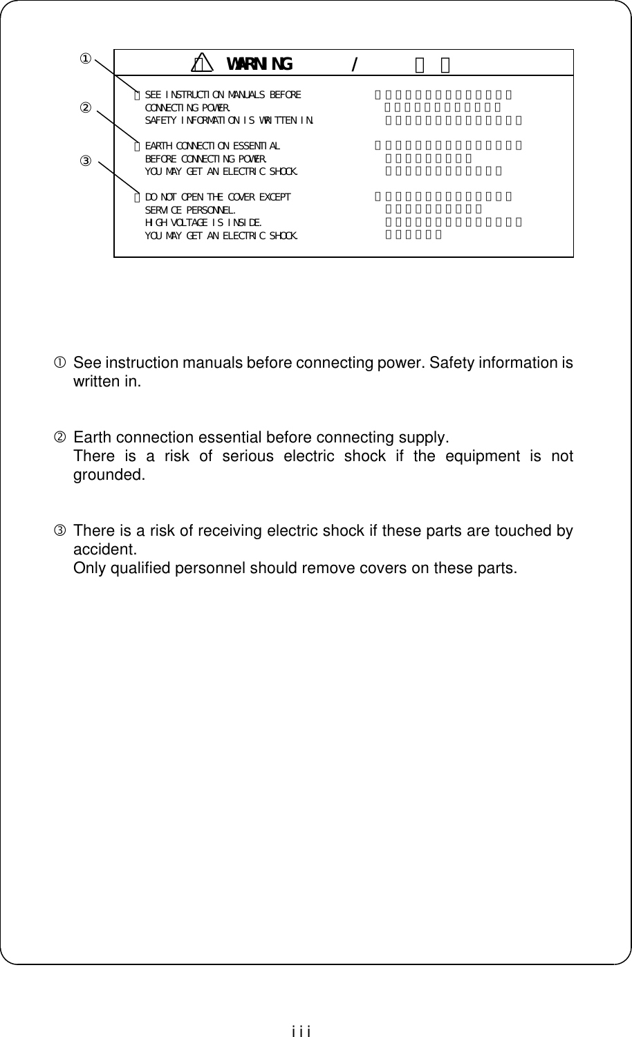 iii ・ SEE INSTRUCTION MANUALS BEFORE CONNECTING POWER. SAFETY INFORMATION IS WRITTEN IN. ・ EARTH CONNECTION ESSENTIAL BEFORE CONNECTING POWER. YOU MAY GET AN ELECTRIC SHOCK. ・ DO NOT OPEN THE COVER EXCEPT SERVICE PERSONNEL. HIGH VOLTAGE IS INSIDE. YOU MAY GET AN ELECTRIC SHOCK. ・ 電源接続する前に、必ず取扱    説明書を読んでください。 安全情報が記載されています。 ・ 電源接続する前に、アース接続 を行ってください。 感電のおそれがあります。 ・ サービスマン以外は、ふたを 開けないでください。 高圧部分があり、感電のおそれ があります。•See instruction manuals before connecting power. Safety information iswritten in. ‚Earth connection essential before connecting supply.There is a risk of serious electric shock if the equipment is notgrounded.ƒThere is a risk of receiving electric shock if these parts are touched byaccident.Only qualified personnel should remove covers on these parts.！WARNING       /      警 告①②③