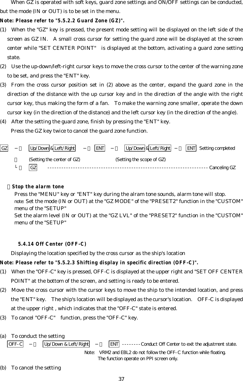 37When GZ is operated with soft keys, guard zone settings and ON/OFF settings can be conducted,but the mode (IN or OUT) is to be set in the menu.Note: Please refer to &quot;5.5.2.2 Guard Zone (GZ)&quot;.(1)  When the &quot;GZ&quot; key is pressed, the present mode setting will be displayed on the left side of thescreen as GZ IN.  A small cross cursor for setting the guard zone will be displayed at the screencenter while &quot;SET CENTER POINT&quot;  is displayed at the bottom, activating a guard zone settingstate.(2)  Use the up-down/left-right cursor keys to move the cross cursor to the center of the warning zoneto be set, and press the &quot;ENT&quot; key.(3)  From the cross cursor position set in (2) above as the center, expand the guard zone in thedirection of the distance with the up cursor key and in the direction of the angle with the rightcursor key, thus making the form of a fan.  To make the warning zone smaller, operate the downcursor key (in the direction of the distance) and the left cursor key (in the direction of the angle).(4)  After the setting the guard zone, finish by pressing the &quot;ENT&quot; key.Press the GZ key twice to cancel the guard zone function.GZ −＞ Up/Down &amp;Left/Right −＞ ENT   −＞   Up/Down &amp;Left/Right  −＞ ENT Setting completed｜(Setting the center of GZ)       (Setting the scope of GZ)└＞ GZ ---------------------------------------------------------------------Canceling GZ・Stop the alarm tonePress the &quot;MENU&quot; key or &quot;ENT&quot; key during the alram tone sounds, alarm tone will stop.note: Set the mode (IN or OUT) at the &quot;GZ MODE&quot; of the &quot;PRESET2&quot; function in the &quot;CUSTOM&quot;menu of the &quot;SETUP&quot;Set the alarm level (IN or OUT) at the &quot;GZ LVL&quot; of the &quot;PRESET2&quot; function in the &quot;CUSTOM&quot;menu of the &quot;SETUP&quot;5.4.14 Off Center (OFF-C)Displaying the location specified by the cross cursor as the ship&apos;s locationNote: Please refer to &quot;5.5.2.3 Shifting display in specific direction (OFF-C)&quot;.(1)  When the &quot;OFF-C&quot; key is pressed, OFF-C is displayed at the upper right and &quot;SET OFF CENTERPOINT&quot; at the bottom of the screen, and setting is ready to be entered.(2)  Move the cross cursor with the cursor keys to move the ship to the intended location, and pressthe &quot;ENT&quot; key.  The ship&apos;s location will be displayed as the cursor&apos;s location.  OFF-C is displayedat the upper right , which indicates that the &quot;OFF-C&quot; state is entered.(3)  To cancel &quot;OFF-C&quot; function, press the &quot;OFF-C&quot; key.(a)  To conduct the settingOFF-C −＞  Up/Down &amp; Left/Right  −＞  ENT --------Conduct Off Center to exit the adjustment state.  Note:  VRM2 and EBL2 do not follow the OFF-C function while floating.The function operate on PPI screen only.(b)  To cancel the setting