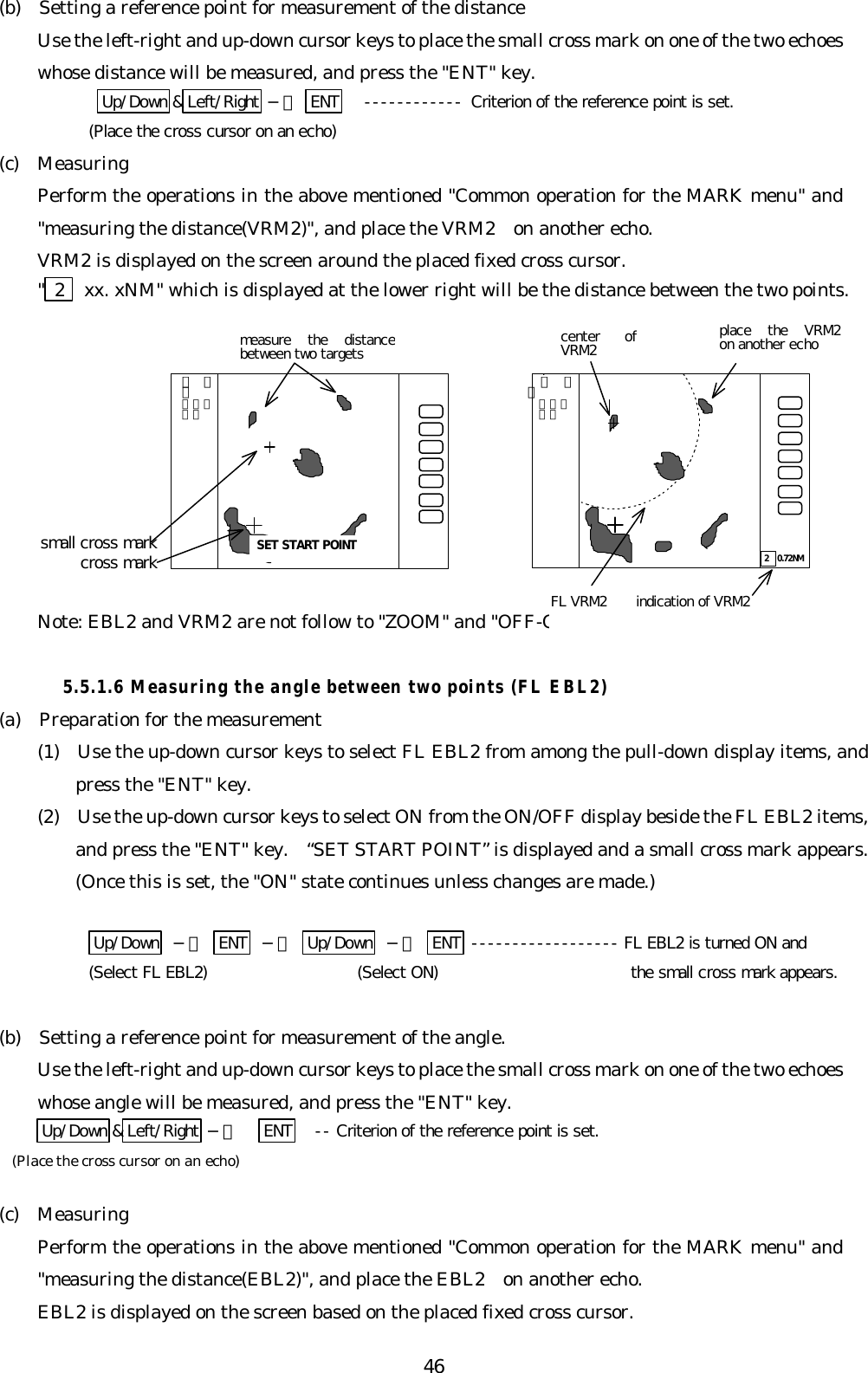 46(b)  Setting a reference point for measurement of the distanceUse the left-right and up-down cursor keys to place the small cross mark on one of the two echoeswhose distance will be measured, and press the &quot;ENT&quot; key. Up/Down &amp;Left/Right −＞ ENT   ------------ Criterion of the reference point is set.(Place the cross cursor on an echo)(c)  MeasuringPerform the operations in the above mentioned &quot;Common operation for the MARK menu&quot; and&quot;measuring the distance(VRM2)&quot;, and place the VRM2  on another echo.VRM2 is displayed on the screen around the placed fixed cross cursor.&quot; 2  xx. xNM&quot; which is displayed at the lower right will be the distance between the two points.Note: EBL2 and VRM2 are not follow to &quot;ZOOM&quot; and &quot;OFF-C&quot; function.5.5.1.6 Measuring the angle between two points (FL EBL2)(a)  Preparation for the measurement(1)  Use the up-down cursor keys to select FL EBL2 from among the pull-down display items, andpress the &quot;ENT&quot; key.(2)  Use the up-down cursor keys to select ON from the ON/OFF display beside the FL EBL2 items,and press the &quot;ENT&quot; key.  “SET START POINT” is displayed and a small cross mark appears.(Once this is set, the &quot;ON&quot; state continues unless changes are made.)Up/Down  −＞ ENT  −＞ Up/Down  −＞ ENT ------------------ FL EBL2 is turned ON and(Select FL EBL2) (Select ON)  the small cross mark appears.(b)  Setting a reference point for measurement of the angle.Use the left-right and up-down cursor keys to place the small cross mark on one of the two echoeswhose angle will be measured, and press the &quot;ENT&quot; key.    Up/Down &amp;Left/Right −＞ ENT   -- Criterion of the reference point is set.(Place the cross cursor on an echo)(c)  MeasuringPerform the operations in the above mentioned &quot;Common operation for the MARK menu&quot; and&quot;measuring the distance(EBL2)&quot;, and place the EBL2  on another echo.EBL2 is displayed on the screen based on the placed fixed cross cursor.  ．７５  ．２５  ＨＵ2 0.72NMplace the VRM2on another echocenter ofVRM2 SET START POINT．７５．２５ＨＵmeasure the distancebetween two targetssmall cross markcross markFL VRM2    indication of VRM2