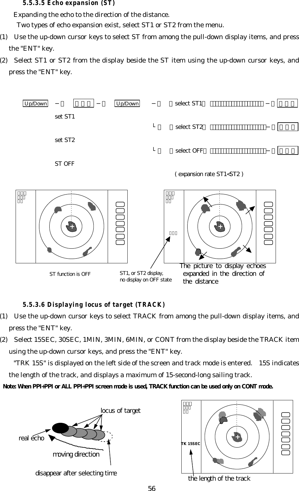 565.5.3.5 Echo expansion (ST)Expanding the echo to the direction of the distance. Two types of echo expansion exist, select ST1 or ST2 from the menu.(1)  Use the up-down cursor keys to select ST from among the pull-down display items, and pressthe &quot;ENT&quot; key.(2)  Select ST1 or ST2 from the display beside the ST item using the up-down cursor keys, andpress the &quot;ENT&quot; key.Up/Down −＞ ＥＮＴ −＞ Up/Down −＞ （select ST1）････････････････････ −＞ ＥＮＴset ST1└＞ （select ST2）･････････････････････−＞ ＥＮＴset ST2└＞ （select OFF）･････････････････････−＞ ＥＮＴST OFF( expansion rate ST1&lt;ST2 )5.5.3.6 Displaying locus of target (TRACK)(1)  Use the up-down cursor keys to select TRACK from among the pull-down display items, andpress the &quot;ENT&quot; key.(2)  Select 15SEC, 30SEC, 1MIN, 3MIN, 6MIN, or CONT from the display beside the TRACK itemusing the up-down cursor keys, and press the &quot;ENT&quot; key.&quot;TRK 15S&quot; is displayed on the left side of the screen and track mode is entered.  15S indicatesthe length of the track, and displays a maximum of 15-second-long sailing track. Note: When PPI+PPI or ALL PPI+PPI screen mode is used, TRACK function can be used only on CONT mode.．７５．２５ＨＵ+ＳＴ１．７５．２５ＨＵ+The picture to display echoes expanded in the direction of the distanceST1, or ST2 display,no display on OFF stateST function is OFFdisappear after selecting timereal echolocus of targetmoving directionthe length of the track．７５．２５ＨＵ+TK 15SEC