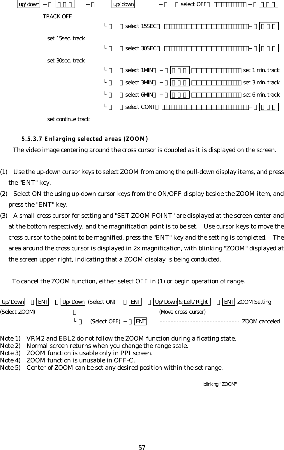 57up/down −＞ ＥＮＴ −＞ up/down −＞ （select OFF）･････････････ −＞ ＥＮＴTRACK OFF└＞ （select 15SEC）･･････････････････････････････････−＞ ＥＮＴset 15sec. track└＞ （select 30SEC）･･････････････････････････････････−＞ ＥＮＴset 30sec. track└＞ （select 1MIN）−＞ ＥＮＴ ････････････････････ set 1 min. track└＞ （select 3MIN）−＞ ＥＮＴ ････････････････････ set 3 min. track└＞ （select 6MIN）−＞ ＥＮＴ ････････････････････ set 6 min. track└＞ （select CONT）･･･････････････････････････････････−＞ ＥＮＴset continue track5.5.3.7 Enlarging selected areas (ZOOM)The video image centering around the cross cursor is doubled as it is displayed on the screen.(1)  Use the up-down cursor keys to select ZOOM from among the pull-down display items, and pressthe &quot;ENT&quot; key.(2)  Select ON the using up-down cursor keys from the ON/OFF display beside the ZOOM item, andpress the &quot;ENT&quot; key.(3)  A small cross cursor for setting and &quot;SET ZOOM POINT&quot; are displayed at the screen center andat the bottom respectively, and the magnification point is to be set.  Use cursor keys to move thecross cursor to the point to be magnified, press the &quot;ENT&quot; key and the setting is completed.  Thearea around the cross cursor is displayed in 2x magnification, with blinking &quot;ZOOM&quot; displayed atthe screen upper right, indicating that a ZOOM display is being conducted.    To cancel the ZOOM function, either select OFF in (1) or begin operation of range.Up/Down −＞ ENT −＞ Up/Down  (Select ON) −＞ ENT −＞ Up/Down &amp;Left/Right −＞ ENT  ZOOM Setting(Select ZOOM)    ｜(Move cross cursor)└＞ (Select OFF) −＞ ENT ----------------------------- ZOOM canceledNote 1)  VRM2 and EBL2 do not follow the ZOOM function during a floating state.Note 2)  Normal screen returns when you change the range scale.Note 3)  ZOOM function is usable only in PPI screen.Note 4)  ZOOM function is unusable in OFF-C.Note 5)  Center of ZOOM can be set any desired position within the set range.blinking &quot;ZOOM&quot;