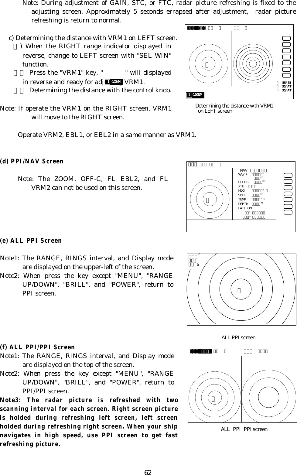 62Note: During adjustment of GAIN, STC, or FTC, radar picture refreshing is fixed to theadjusting screen. Approximately 5 seconds errapsed after adjustment,  radar picturerefreshing is return to normal.c) Determining the distance with VRM1 on LEFT screen.１) When the RIGHT range indicator displayed inreverse, change to LEFT screen with &quot;SEL WIN&quot;function.２） Press the &quot;VRM1&quot; key, &quot;       &quot; will displayedin reverse and ready for adjusting VRM1.３） Determining the distance with the control knob.Note: If operate the VRM1 on the RIGHT screen, VRM1will move to the RIGHT screen.Operate VRM2, EBL1, or EBL2 in a same manner as VRM1.(d) PPI/NAV ScreenNote: The ZOOM, OFF-C, FL EBL2, and FLVRM2 can not be used on this screen.(e) ALL PPI ScreenNote1: The RANGE, RINGS interval, and Display modeare displayed on the upper-left of the screen.Note2: When press the key except &quot;MENU&quot;, &quot;RANGEUP/DOWN&quot;, &quot;BRILL&quot;, and &quot;POWER&quot;, return toPPI screen.(f) ALL PPI/PPI ScreenNote1: The RANGE, RINGS interval, and Display modeare displayed on the top of the screen.Note2: When press the key except &quot;MENU&quot;, &quot;RANGEUP/DOWN&quot;, &quot;BRILL&quot;, and &quot;POWER&quot;, return toPPI/PPI screen.Note3: The radar picture is refreshed with twoscanning interval for each screen. Right screen pictureis holded during refreshing left screen, left screenholded during refreshing right screen. When your shipnavigates in high speed, use PPI screen to get fastrefreshing picture.Ｇ 55/35Ｓ 35/ATＦ 35/AT1  0.00NMDetermining the distance with VRM1 on LEFT screen．７５ ．２５ ＨＵ  Ｓ ２４  ６＋．７５ ．２５ ＨＵ  Ｓ＋NAV ＤＩＳＰＬＡＹWAY P  １２３．４° ６．８ＮＭCOURSE  ２．３８ＮＭXTE  ＜＜＜HDG ２６７．３°ＴSPD １２．８ＫＴTEMP ２０．８° ＣDEPTH ５８．３ MLAT/LON   ３４°０８．２２Ｎ  １３８°０２．５３ＥPPI/NAV screen＋．７５．２５ＨＵ SALL PPI screen．７５ ．２５  ＨＵ  Ｓ．２５  ．１２５＋ALL PPI PPI screen1  0.00NM