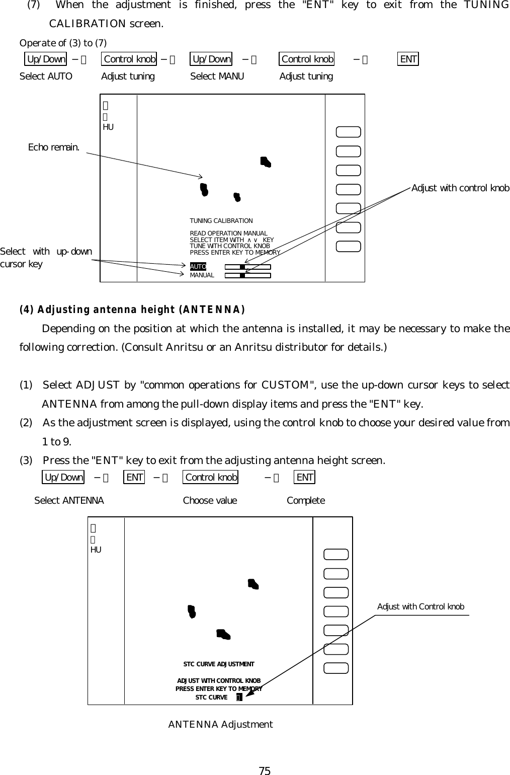 75(7)  When the adjustment is finished, press the &quot;ENT&quot; key to exit from the TUNINGCALIBRATION screen.Operate of (3) to (7) Up/Down −＞ Control knob −＞ Up/Down −＞ Control knob −＞ ENTSelect AUTO Adjust tuning Select MANU Adjust tuning(4) Adjusting antenna height (ANTENNA)Depending on the position at which the antenna is installed, it may be necessary to make thefollowing correction. (Consult Anritsu or an Anritsu distributor for details.)(1)  Select ADJUST by &quot;common operations for CUSTOM&quot;, use the up-down cursor keys to selectANTENNA from among the pull-down display items and press the &quot;ENT&quot; key.(2)  As the adjustment screen is displayed, using the control knob to choose your desired value from1 to 9.(3)  Press the &quot;ENT&quot; key to exit from the adjusting antenna height screen.Up/Down −＞ ENT −＞ Control knob −＞ ENTSelect ANTENNA Choose value CompleteAdjust with control knobSelect with up-downcursor keyEcho remain.TUNING CALIBRATIONREAD OPERATION MANUALSELECT ITEM WITH ∧∨ KEYTUNE WITH CONTROL KNOBPRESS ENTER KEY TO MEMORYAUTOMANUAL３１HUAdjust with Control knobSTC CURVE ADJUSTMENTADJUST WITH CONTROL KNOBPRESS ENTER KEY TO MEMORYSTC CURVE   ５ ３１HUANTENNA Adjustment