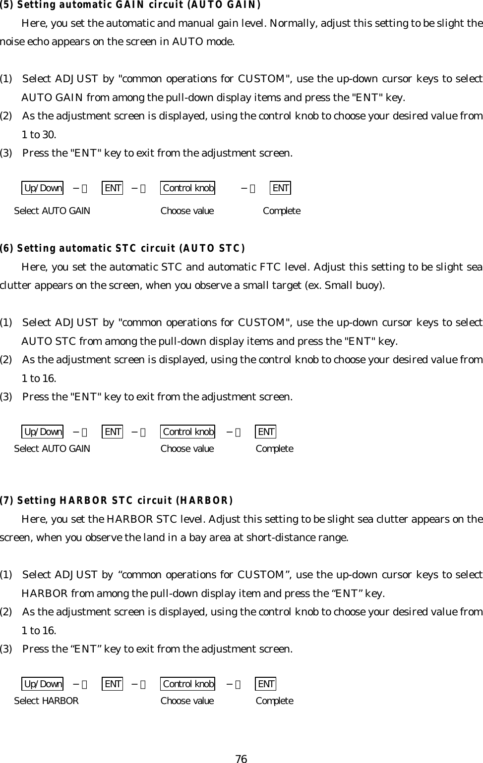 76(5) Setting automatic GAIN circuit (AUTO GAIN)Here, you set the automatic and manual gain level. Normally, adjust this setting to be slight thenoise echo appears on the screen in AUTO mode.(1)  Select ADJUST by &quot;common operations for CUSTOM&quot;, use the up-down cursor keys to selectAUTO GAIN from among the pull-down display items and press the &quot;ENT&quot; key.(2)  As the adjustment screen is displayed, using the control knob to choose your desired value from1 to 30.(3)  Press the &quot;ENT&quot; key to exit from the adjustment screen.Up/Down −＞ ENT −＞ Control knob −＞ ENTSelect AUTO GAIN Choose value Complete(6) Setting automatic STC circuit (AUTO STC)Here, you set the automatic STC and automatic FTC level. Adjust this setting to be slight seaclutter appears on the screen, when you observe a small target (ex. Small buoy).(1)  Select ADJUST by &quot;common operations for CUSTOM&quot;, use the up-down cursor keys to selectAUTO STC from among the pull-down display items and press the &quot;ENT&quot; key.(2)  As the adjustment screen is displayed, using the control knob to choose your desired value from1 to 16.(3)  Press the &quot;ENT&quot; key to exit from the adjustment screen.Up/Down −＞ ENT −＞ Control knob −＞ ENTSelect AUTO GAIN Choose value Complete(7) Setting HARBOR STC circuit (HARBOR)Here, you set the HARBOR STC level. Adjust this setting to be slight sea clutter appears on thescreen, when you observe the land in a bay area at short-distance range.(1)  Select ADJUST by “common operations for CUSTOM”, use the up-down cursor keys to selectHARBOR from among the pull-down display item and press the “ENT” key.(2)  As the adjustment screen is displayed, using the control knob to choose your desired value from1 to 16.(3)  Press the “ENT” key to exit from the adjustment screen.Up/Down −＞ ENT −＞ Control knob −＞ ENTSelect HARBOR Choose value Complete