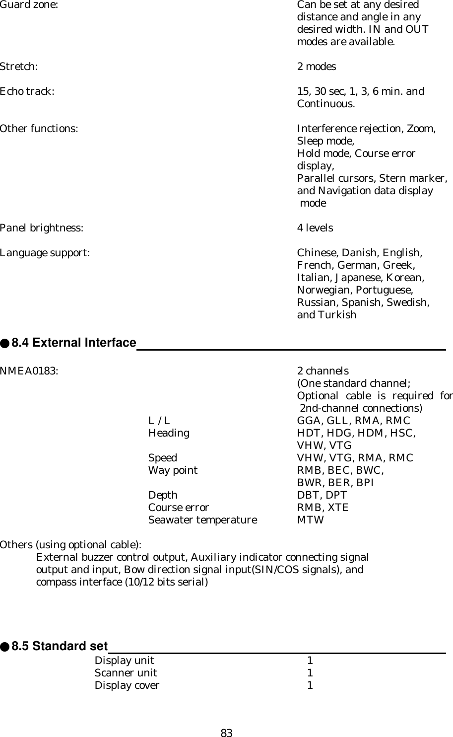 83Guard zone: Can be set at any desireddistance and angle in anydesired width. IN and OUTmodes are available.Stretch: 2 modesEcho track: 15, 30 sec, 1, 3, 6 min. andContinuous.Other functions: Interference rejection, Zoom,Sleep mode,Hold mode, Course errordisplay, Parallel cursors, Stern marker,and Navigation data display modePanel brightness: 4 levelsLanguage support: Chinese, Danish, English,French, German, Greek,Italian, Japanese, Korean,Norwegian, Portuguese,Russian, Spanish, Swedish,and Turkish●8.4 External Interface                                                                                    NMEA0183: 2 channels(One standard channel;Optional cable is required for2nd-channel connections)L / L GGA, GLL, RMA, RMCHeading HDT, HDG, HDM, HSC,VHW, VTGSpeed VHW, VTG, RMA, RMCWay point RMB, BEC, BWC,BWR, BER, BPIDepth DBT, DPTCourse error RMB, XTESeawater temperature MTWOthers (using optional cable):External buzzer control output, Auxiliary indicator connecting signaloutput and input, Bow direction signal input(SIN/COS signals), andcompass interface (10/12 bits serial)●8.5 Standard set                                                                                           Display unit 1Scanner unit 1Display cover 1