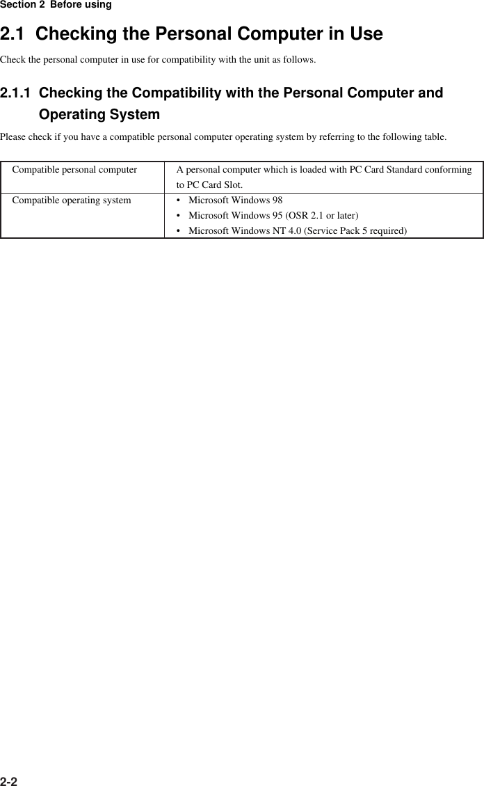 Section 2 Before using2-22.1  Checking the Personal Computer in UseCheck the personal computer in use for compatibility with the unit as follows.2.1.1 Checking the Compatibility with the Personal Computer andOperating SystemPlease check if you have a compatible personal computer operating system by referring to the following table.Compatible personal computer A personal computer which is loaded with PC Card Standard conformingto PC Card Slot.Compatible operating system • Microsoft Windows 98• Microsoft Windows 95 (OSR 2.1 or later)• Microsoft Windows NT 4.0 (Service Pack 5 required)