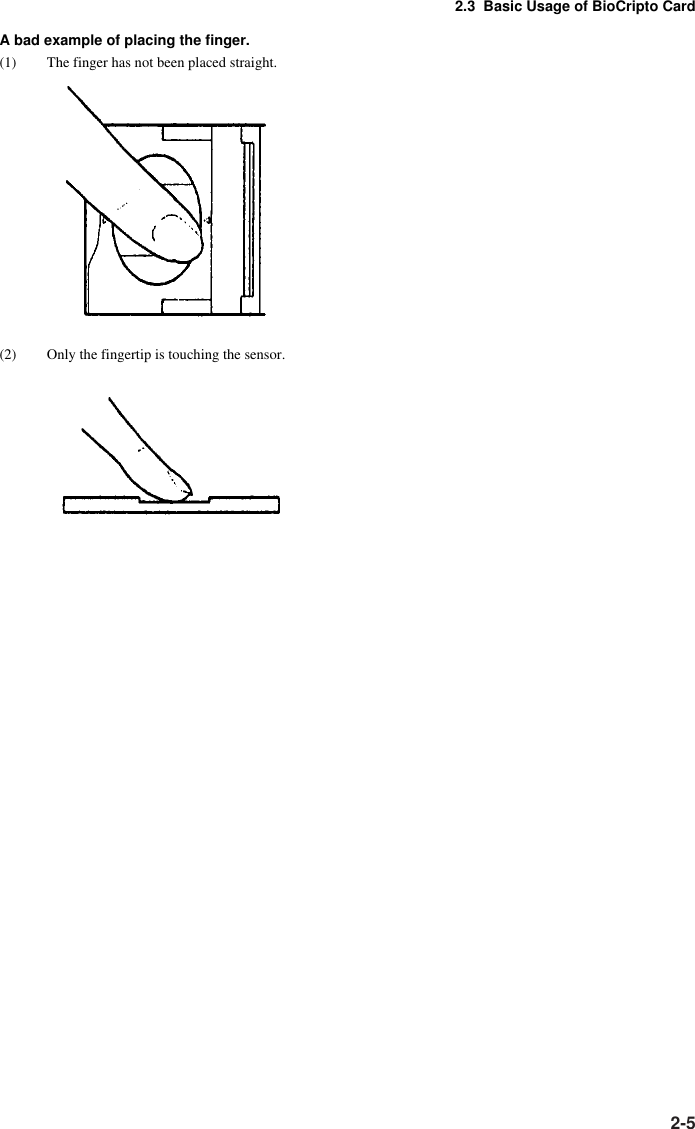 2-5A bad example of placing the finger.(1) The finger has not been placed straight.(2) Only the fingertip is touching the sensor.2.3  Basic Usage of BioCripto Card