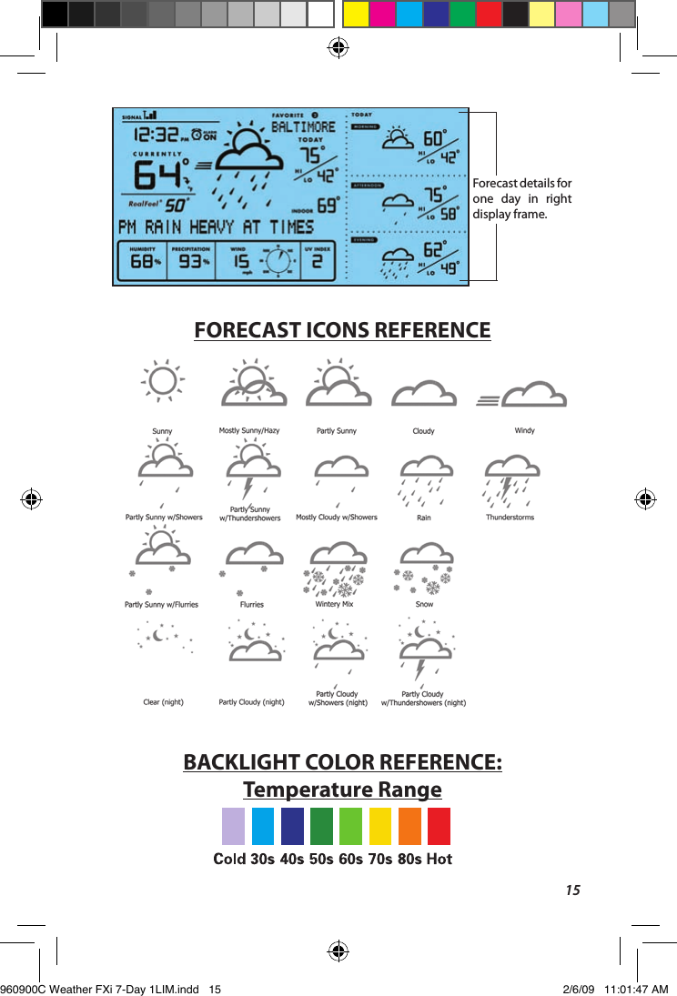 15Forecast details for one  day  in  right display frame.FORECAST ICONS REFERENCEBACKLIGHT COLOR REFERENCE: Temperature Range960900C Weather FXi 7-Day 1LIM.indd   15 2/6/09   11:01:47 AM