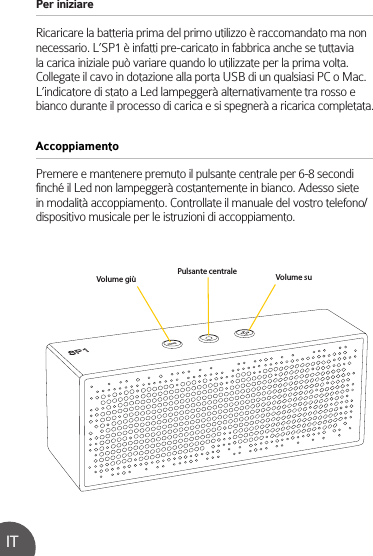 Per iniziare Ricaricare la batteria prima del primo utilizzo è raccomandato ma non necessario. L’SP1 è infatti pre-caricato in fabbrica anche se tuttavia la carica iniziale può variare quando lo utilizzate per la prima volta. Collegate il cavo in dotazione alla porta USB di un qualsiasi PC o Mac. L’indicatore di stato a Led lampeggerà alternativamente tra rosso e bianco durante il processo di carica e si spegnerà a ricarica completata.Premere e mantenere premuto il pulsante centrale per 6-8 secondi finché il Led non lampeggerà costantemente in bianco. Adesso siete in modalità accoppiamento. Controllate il manuale del vostro telefono/dispositivo musicale per le istruzioni di accoppiamento.AccoppiamentoITVolume giù Volume suPulsante centrale