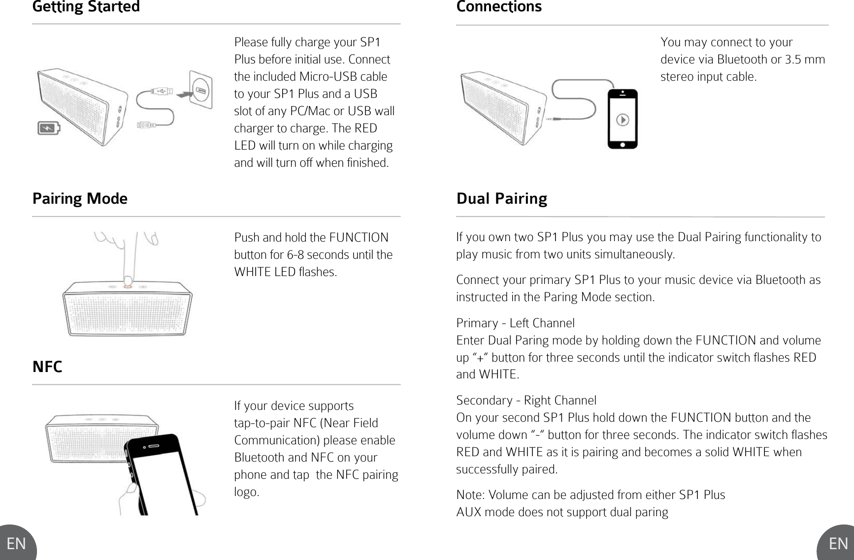 EN ENPlease fully charge your SP1 Plus before initial use. Connect the included Micro-USB cable to your SP1 Plus and a USB slot of any PC/Mac or USB wall charger to charge. The RED LED will turn on while charging and will turn off when finished.If you own two SP1 Plus you may use the Dual Pairing functionality to play music from two units simultaneously. Connect your primary SP1 Plus to your music device via Bluetooth as instructed in the Paring Mode section. Primary - Left Channel Enter Dual Paring mode by holding down the FUNCTION and volume up “+” button for three seconds until the indicator switch flashes RED and WHITE. Secondary - Right ChannelOn your second SP1 Plus hold down the FUNCTION button and the volume down “-“ button for three seconds. The indicator switch flashes RED and WHITE as it is pairing and becomes a solid WHITE when successfully paired.Note: Volume can be adjusted from either SP1 Plus AUX mode does not support dual paringPush and hold the FUNCTION button for 6-8 seconds until the WHITE LED flashes. If your device supports tap-to-pair NFC (Near Field Communication) please enable Bluetooth and NFC on your phone and tap  the NFC pairing logo.Getting StartedDual PairingPairing ModeNFCConnectionsYou may connect to your device via Bluetooth or 3.5 mm stereo input cable.