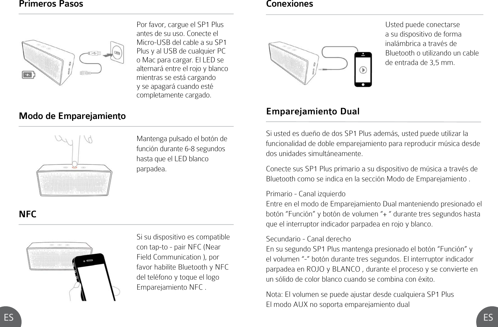 ES ESPor favor, cargue el SP1 Plus antes de su uso. Conecte el Micro-USB del cable a su SP1 Plus y al USB de cualquier PC o Mac para cargar. El LED se alternará entre el rojo y blanco mientras se está cargando y se apagará cuando esté completamente cargado.Si usted es dueño de dos SP1 Plus además, usted puede utilizar la funcionalidad de doble emparejamiento para reproducir música desde dos unidades simultáneamente. Conecte sus SP1 Plus primario a su dispositivo de música a través deBluetooth como se indica en la sección Modo de Emparejamiento .Primario - Canal izquierdo Entre en el modo de Emparejamiento Dual manteniendo presionado el botón “Función” y botón de volumen “+ “ durante tres segundos hasta que el interruptor indicador parpadea en rojo y blanco.Secundario - Canal derechoEn su segundo SP1 Plus mantenga presionado el botón “Función” y el volumen “-” botón durante tres segundos. El interruptor indicador parpadea en ROJO y BLANCO , durante el proceso y se convierte en un sólido de color blanco cuando se combina con éxito.Nota: El volumen se puede ajustar desde cualquiera SP1 PlusEl modo AUX no soporta emparejamiento dualMantenga pulsado el botón de función durante 6-8 segundos hasta que el LED blanco parpadea.Si su dispositivo es compatible con tap-to - pair NFC (Near Field Communication ), por favor habilite Bluetooth y NFC del teléfono y toque el logo Emparejamiento NFC .Primeros Pasos Emparejamiento DualModo de EmparejamientoNFCConexionesUsted puede conectarse a su dispositivo de forma inalámbrica a través de Bluetooth o utilizando un cable de entrada de 3,5 mm.