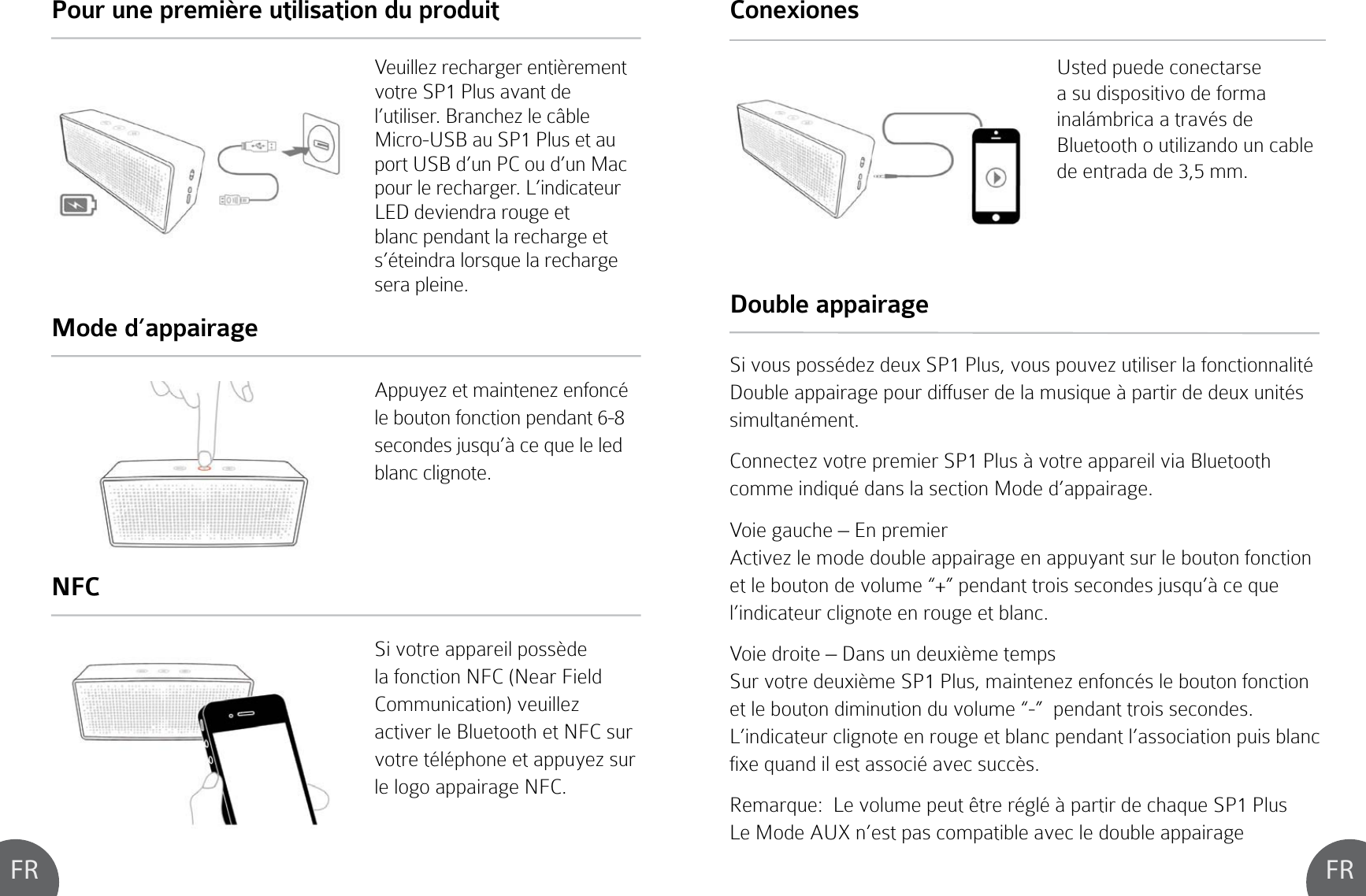 FR FRVeuillez recharger entièrement votre SP1 Plus avant de l’utiliser. Branchez le câble Micro-USB au SP1 Plus et au port USB d’un PC ou d’un Mac pour le recharger. L’indicateur LED deviendra rouge et blanc pendant la recharge et s’éteindra lorsque la recharge sera pleine.Si vous possédez deux SP1 Plus, vous pouvez utiliser la fonctionnalité Double appairage pour diffuser de la musique à partir de deux unités simultanément.Connectez votre premier SP1 Plus à votre appareil via Bluetooth comme indiqué dans la section Mode d’appairage.Voie gauche – En premierActivez le mode double appairage en appuyant sur le bouton fonction et le bouton de volume “+” pendant trois secondes jusqu’à ce que l’indicateur clignote en rouge et blanc.Voie droite – Dans un deuxième tempsSur votre deuxième SP1 Plus, maintenez enfoncés le bouton fonction et le bouton diminution du volume “-”  pendant trois secondes. L’indicateur clignote en rouge et blanc pendant l’association puis blanc fixe quand il est associé avec succès.Remarque:  Le volume peut être réglé à partir de chaque SP1 PlusLe Mode AUX n’est pas compatible avec le double appairageAppuyez et maintenez enfoncé le bouton fonction pendant 6-8 secondes jusqu’à ce que le led blanc clignote.Si votre appareil possède la fonction NFC (Near Field Communication) veuillez activer le Bluetooth et NFC sur votre téléphone et appuyez sur le logo appairage NFC.Pour une première utilisation du produit Double appairageMode d’appairageNFCConexionesUsted puede conectarse a su dispositivo de forma inalámbrica a través de Bluetooth o utilizando un cable de entrada de 3,5 mm.