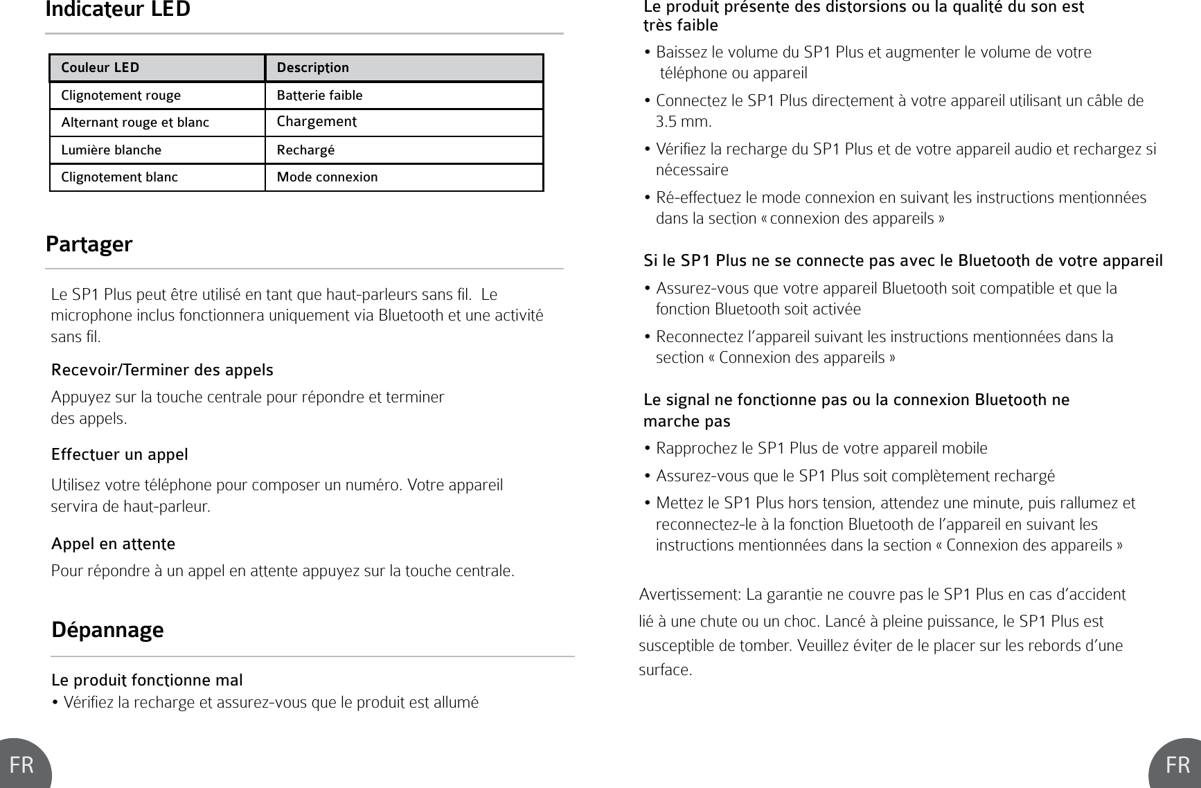 FR FRIndicateur LEDPartagerDépannageLe produit fonctionne malMi`]`\qcXi\Z_Xi^\\kXjjli\q$mfljhl\c\gif[l`k\jkXccldAvertissement: La garantie ne couvre pas le SP1 Plus en cas d’accident lié à une chute ou un choc. Lancé à pleine puissance, le SP1 Plus est susceptible de tomber. Veuillez éviter de le placer sur les rebords d’une surface.Le produit présente des distorsions ou la qualité du son est très faible9X`jj\qc\mfcld\[lSP1 Plus et augmenter le volume de votre     téléphone ou appareil:fee\Zk\qc\SP1 Plus directement à votre appareil utilisant un câble de    3.5 mm.Mi`]`\qcXi\Z_Xi^\[lSP1 Plus et de votre appareil audio et rechargez si   nécessaireI$\]]\Zkl\qc\df[\Zfee\o`fe\ejl`mXekc\j`ejkilZk`fejd\ek`fee\j   dans la section « connexion des appareils »Si le SP1 Plus ne se connecte pas avec le Bluetooth de votre appareil8jjli\q$mfljhl\mfki\XggXi\`c9cl\kffk_jf`kZfdgXk`Yc\\khl\cX   fonction Bluetooth soit activéeI\Zfee\Zk\qcËXggXi\`cjl`mXekc\j`ejkilZk`fejd\ek`fee\j[XejcX   section « Connexion des appareils »Le signal ne fonctionne pas ou la connexion Bluetooth ne marche pasIXggifZ_\qc\JG(Gclj[\mfki\XggXi\`cdfY`c\8jjli\q$mfljhl\c\SP1 Plus soit complètement rechargéD\kk\qc\SP1 Plus hors tension, attendez une minute, puis rallumez et    reconnectez-le à la fonction Bluetooth de l’appareil en suivant les       instructions mentionnées dans la section « Connexion des appareils »Le SP1 Plus peut être utilisé en tant que haut-parleurs sans fil.  Le microphone inclus fonctionnera uniquement via Bluetooth et une activité sans fil.Recevoir/Terminer des appelsAppuyez sur la touche centrale pour répondre et terminer des appels.Effectuer un appelUtilisez votre téléphone pour composer un numéro. Votre appareil servira de haut-parleur.Appel en attentePour répondre à un appel en attente appuyez sur la touche centrale.Couleur LED DescriptionClignotement rouge Batterie faibleAlternant rouge et blanc ChargementLumière blanche  RechargéClignotement blanc Mode connexion