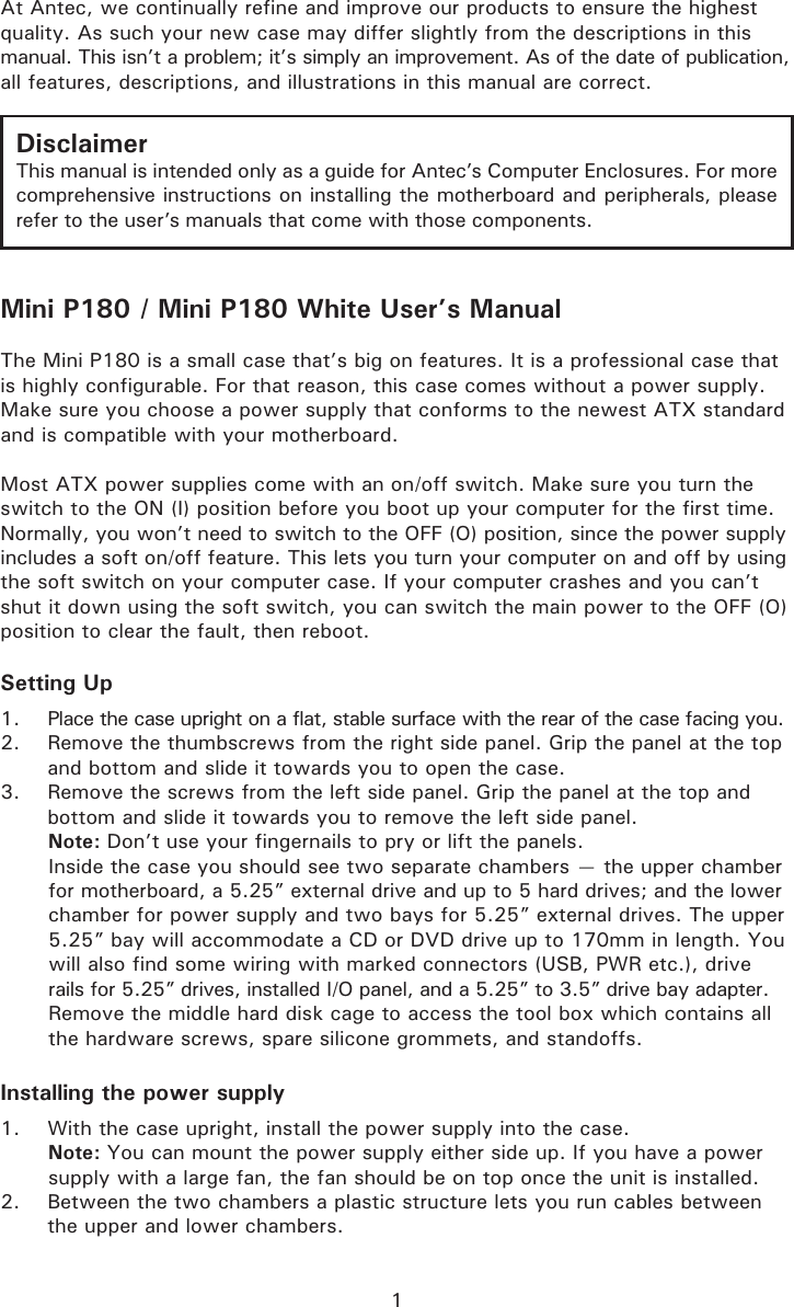 Page 2 of 8 - Antec Antec-Mini-P180-Users-Manual- Mini P180_P180 White_manual  Antec-mini-p180-users-manual