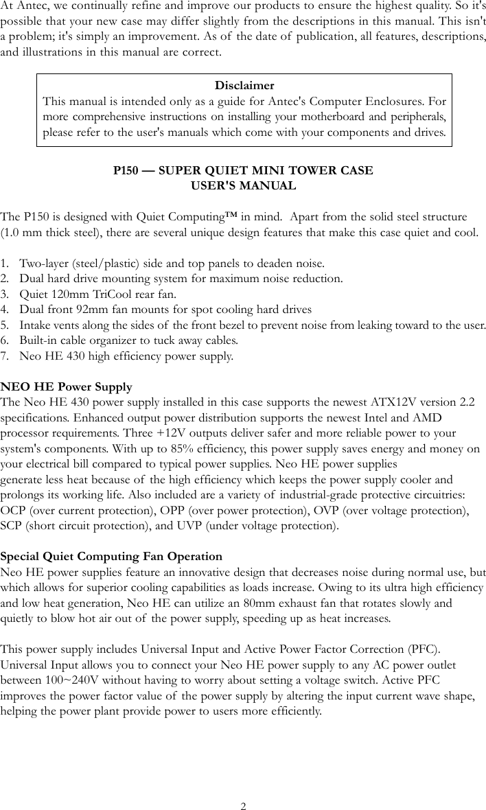 Page 2 of 10 - Antec Antec-P150-Users-Manual- P150_manual_ok Antec-p150-users-manual