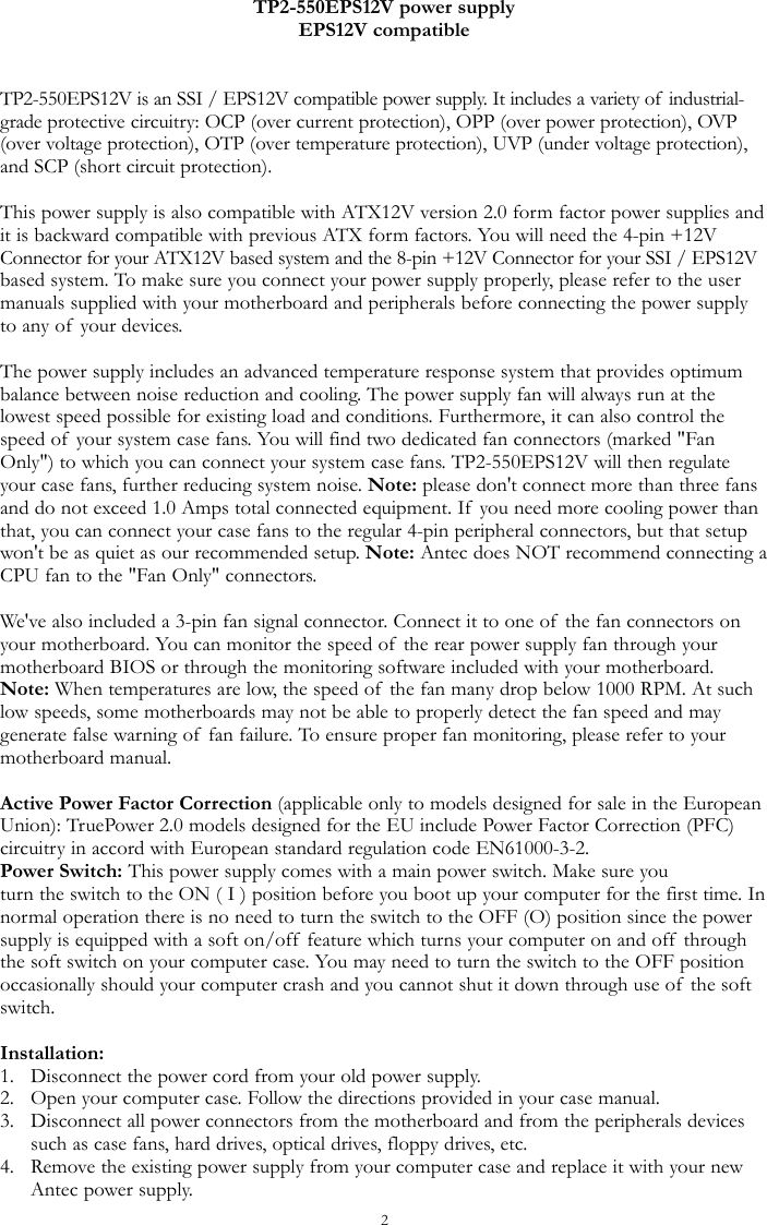 Page 2 of 4 - Antec Antec-Truepower-Tp2-550Eps12V-Users-Manual- TPII550EPS_Int_change Antec-truepower-tp2-550eps12v-users-manual