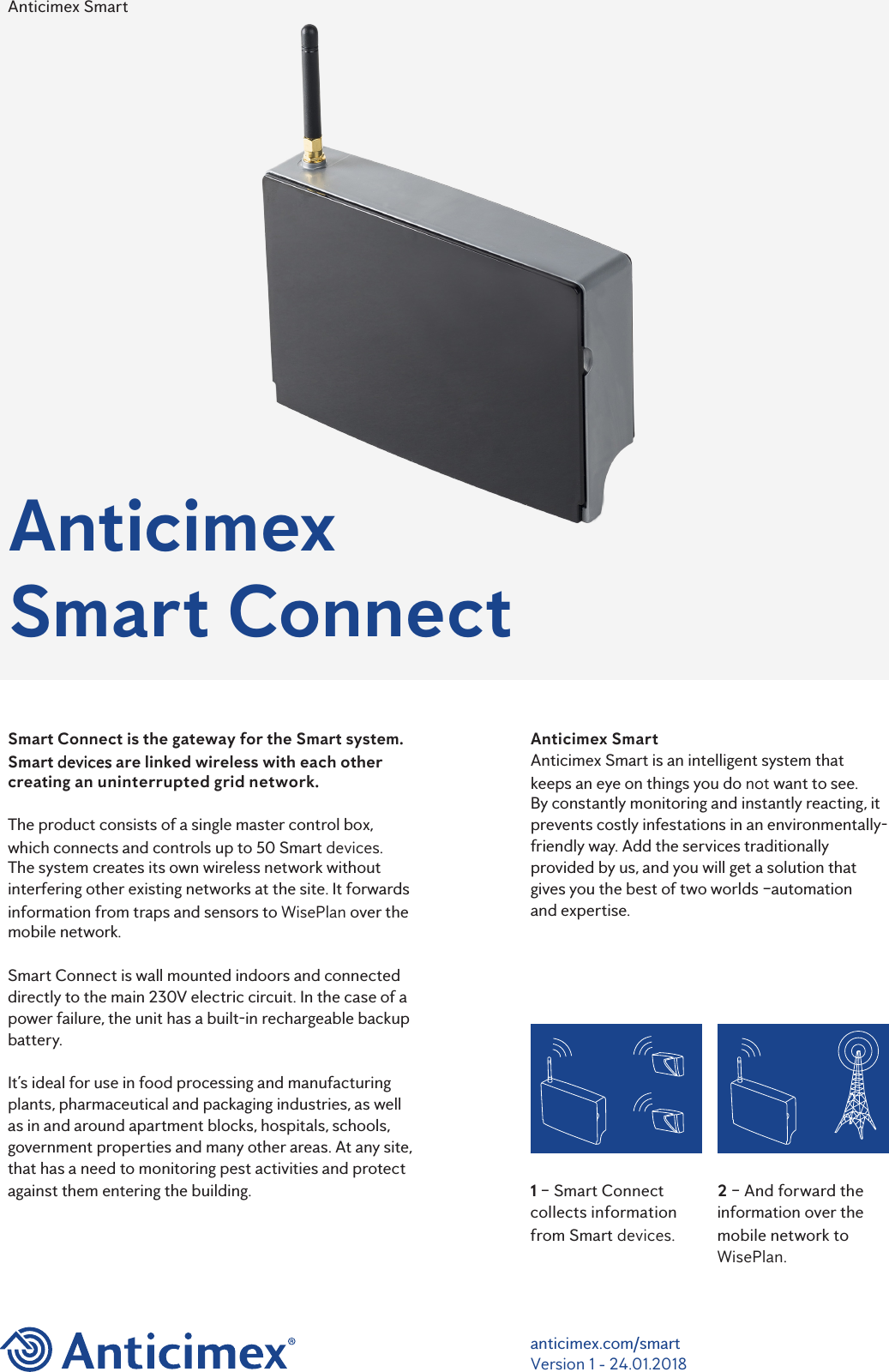 anticimex.com/smartVersion 1 - 24.01.2018 Anticimex SmartSmart Connect is the gateway for the Smart system. Smart devices are linked wireless with each other creating an uninterrupted grid network.The product consists of a single master control box, which connects and controls up to 50 Smart devices. The system creates its own wireless network without interfering other existing networks at the site. It forwards information from traps and sensors to WisePlan over the mobile network.Smart Connect is wall mounted indoors and connected directly to the main 230V electric circuit. In the case of a power failure, the unit has a built-in rechargeable backup battery.It&rsquo;s ideal for use in food processing and manufacturing plants, pharmaceutical and packaging industries, as well as in and around apartment blocks, hospitals, schools, government properties and many other areas. At any site, that has a need to monitoring pest activities and protect against them entering the building. 2 &ndash; And forward the information over the mobile network to WisePlan.1 &ndash; Smart Connect collects information from Smart devices.Anticimex Smart ConnectAnticimex SmartAnticimex Smart is an intelligent system that keeps an eye on things you do not want to see. By constantly monitoring and instantly reacting, it prevents costly infestations in an environmentally-friendly way. Add the services traditionally provided by us, and you will get a solution that gives you the best of two worlds &ndash;automation  and expertise.