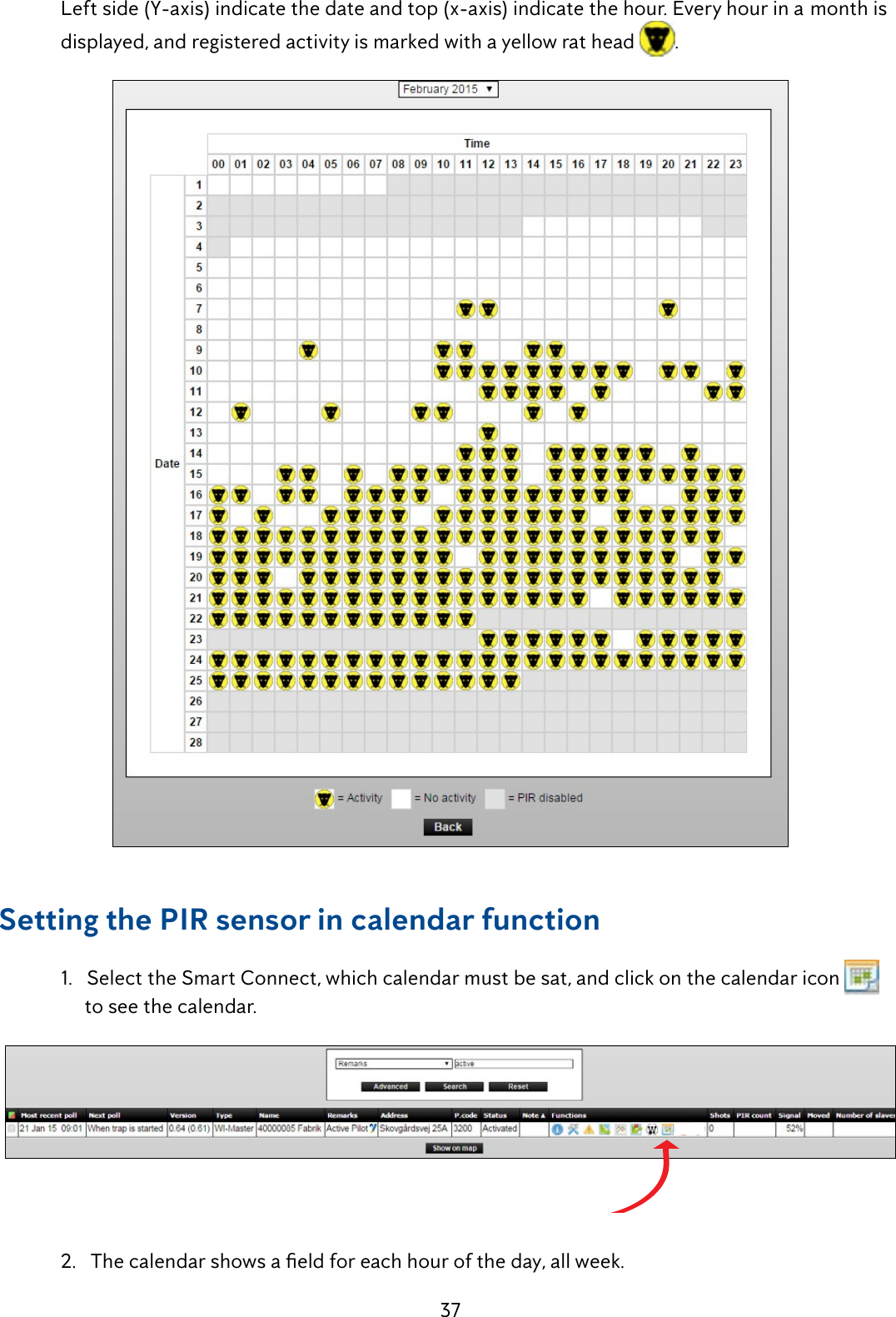 37 Leftside(Y-axis)indicatethedateandtop(x-axis)indicatethehour.Everyhourinamonth is    displayed, and registered activity is marked with a yellow rat head  .Setting the PIR sensor in calendar function  1.   Select the Smart Connect, which calendar must be sat, and click on the calendar icon           to see the calendar.  2.Thecalendarshowsaeldforeachhouroftheday,allweek.