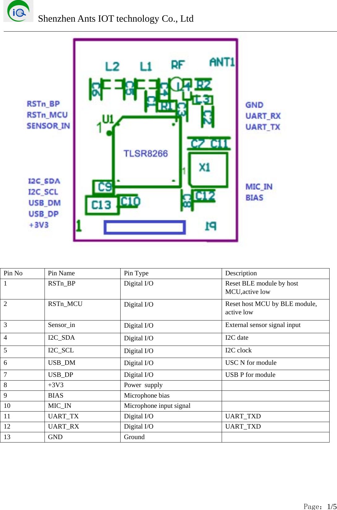 Shenzhen Ants IOT technology Co., LtdPage：1/5Pin No Pin Name Pin Type Description1 RSTn_BP Digital I/O Reset BLE module by hostMCU,active low2RSTn_MCUDigital I/O Reset host MCU by BLE module,active low3Sensor_in Digital I/O External sensor signal input4I2C_SDA Digital I/O I2C date5I2C_SCL Digital I/O I2C clock6USB_DM Digital I/O USC N for module7 USB_DP Digital I/O USB P for module8 +3V3 Power supply9 BIAS Microphone bias10 MIC_IN Microphone input signal11 UART_TX Digital I/O UART_TXD12 UART_RX Digital I/O UART_TXD13 GND Ground