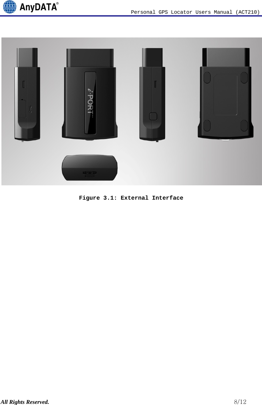                              Personal GPS Locator Users Manual (ACT210) All Rights Reserved.                                                          8/12  Figure 3.1: External Interface                  