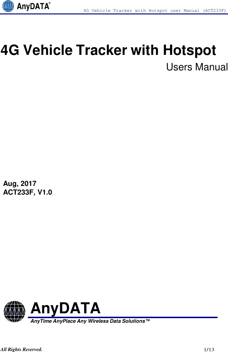 Page 1 of AnyDATA ACT233F 4G Vehicle Tracker with Hotspot User Manual 