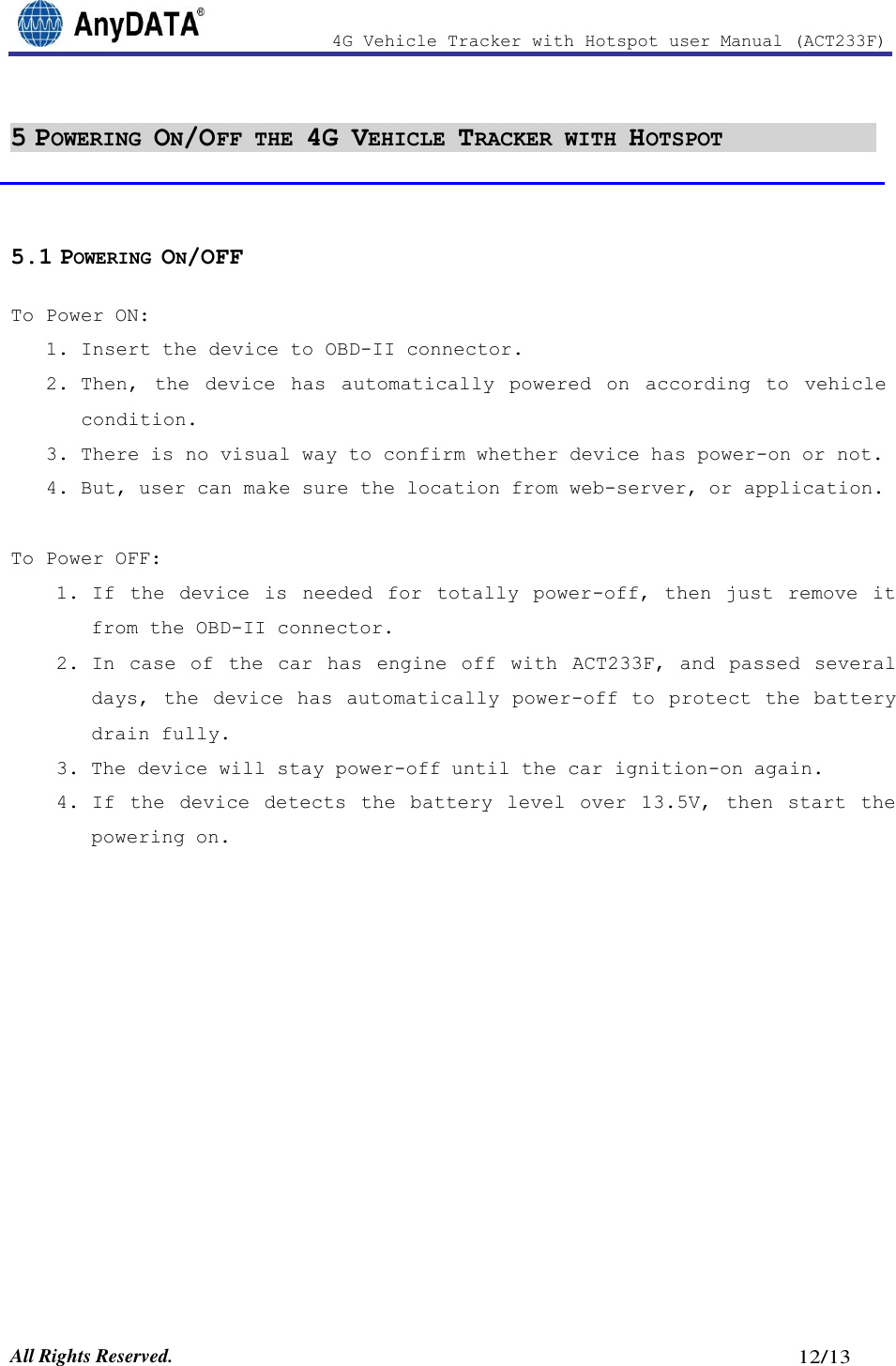 Page 12 of AnyDATA ACT233F 4G Vehicle Tracker with Hotspot User Manual 