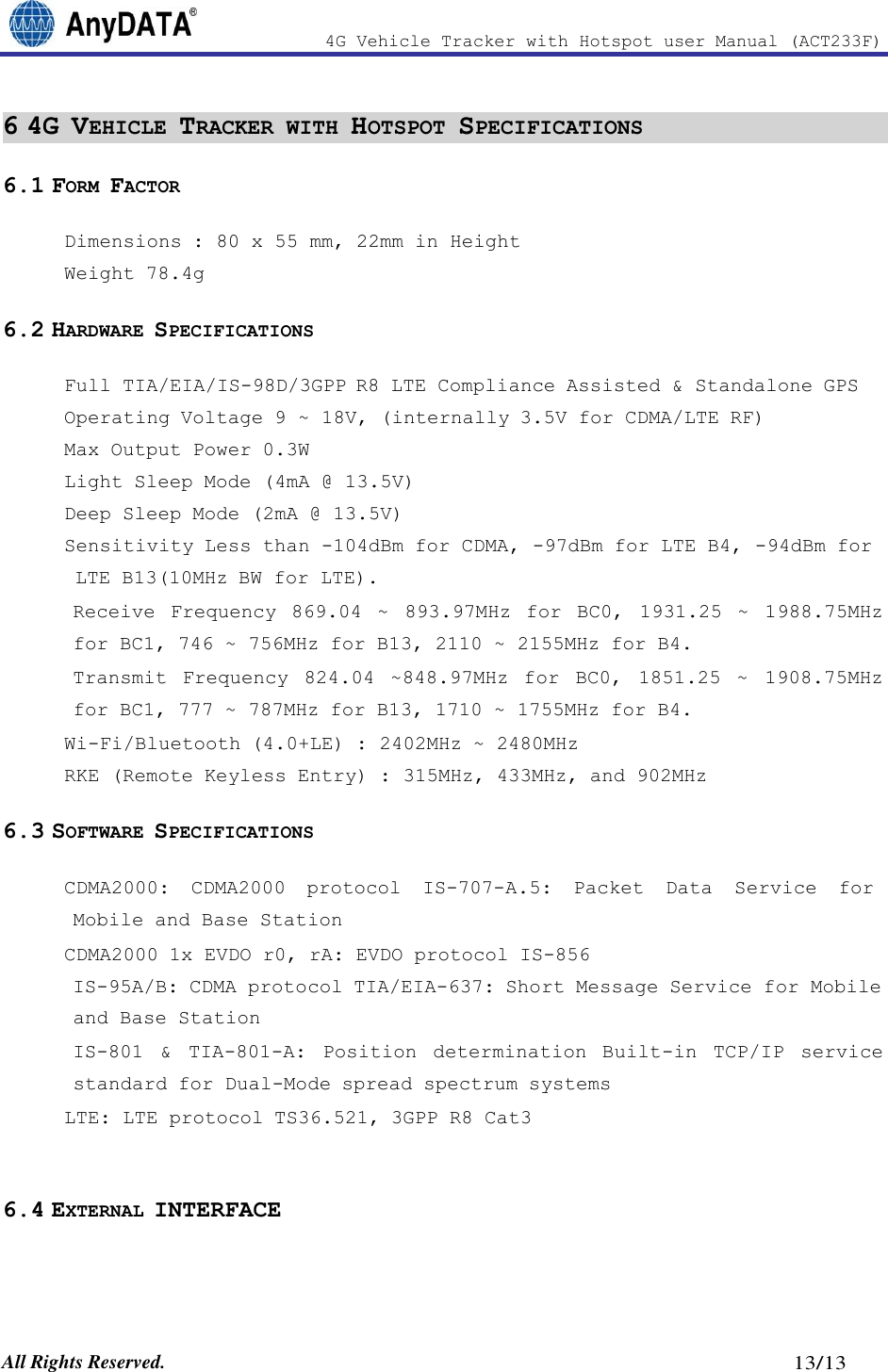 Page 13 of AnyDATA ACT233F 4G Vehicle Tracker with Hotspot User Manual 