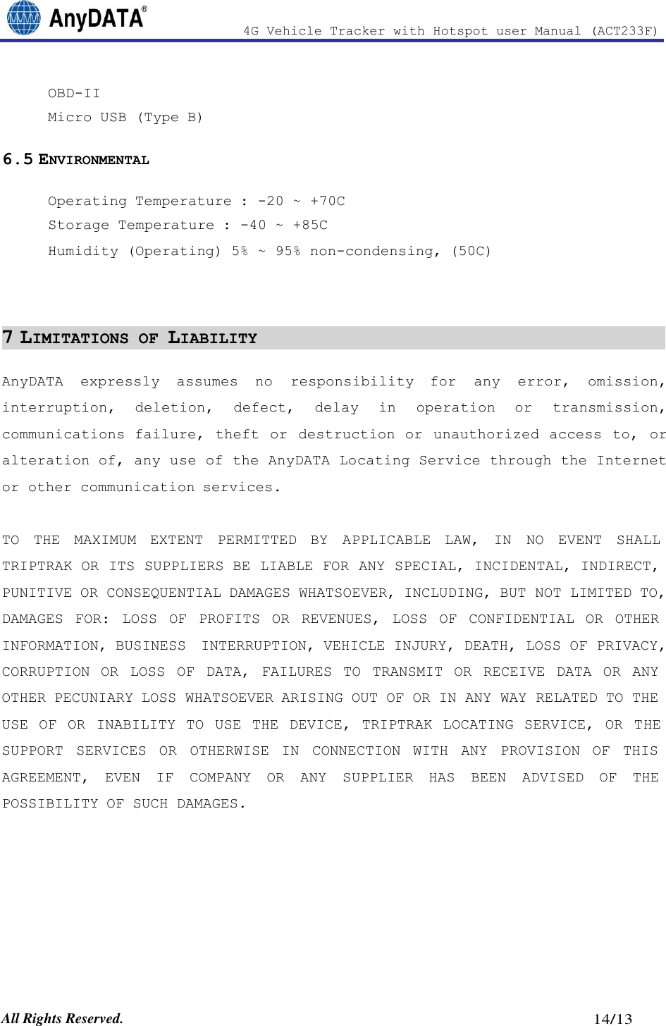 Page 14 of AnyDATA ACT233F 4G Vehicle Tracker with Hotspot User Manual 