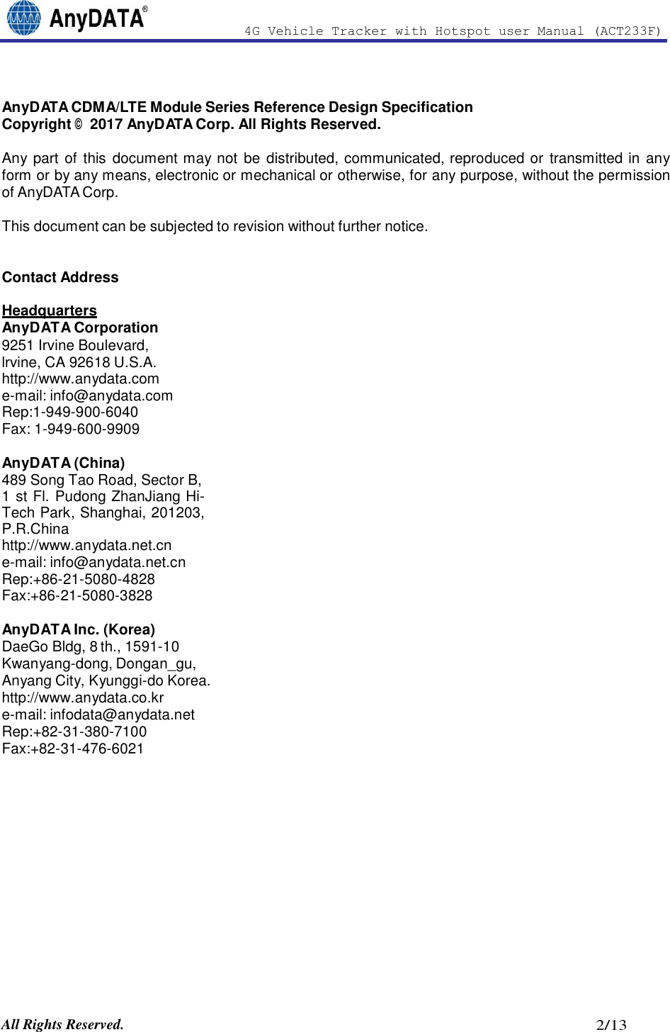 Page 2 of AnyDATA ACT233F 4G Vehicle Tracker with Hotspot User Manual 