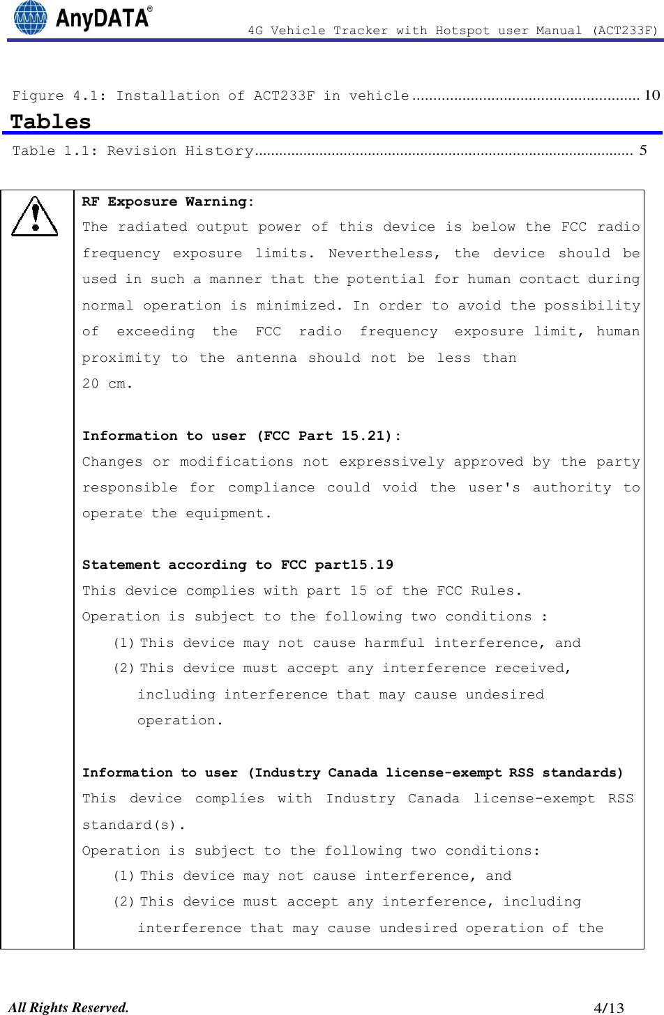 Page 4 of AnyDATA ACT233F 4G Vehicle Tracker with Hotspot User Manual 