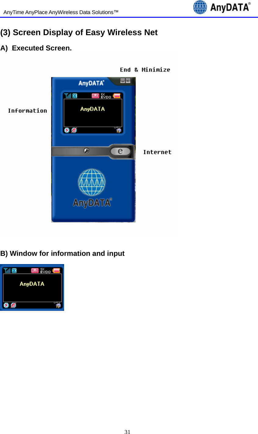   AnyTime AnyPlace AnyWireless Data Solutions™                                 31   (3) Screen Display of Easy Wireless Net  A)  Executed Screen.    B) Window for information and input       