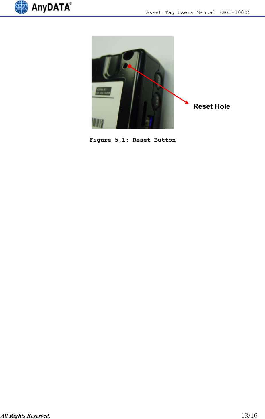                              Asset Tag  Users  Manual  (AGT-100D)   Reset Hole Figure 5.1: Reset Button All Rights Reserved.                                                          13/16 