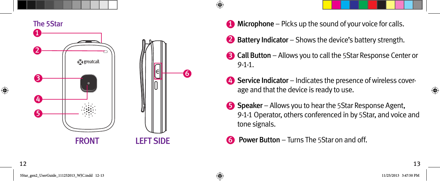 12 13The 5Star61352FRONT LEFT SIDE41Microphone – Picks up the sound of your voice for calls.  2Battery Indicator – Shows the device’s battery strength.3Call Button – Allows you to call the 5Star Response Center or 9-1-1.4Service Indicator – Indicates the presence of wireless cover-age and that the device is ready to use.5Speaker – Allows you to hear the 5Star Response Agent, 9-1-1 Operator, others conferenced in by 5Star, and voice and tone signals.6 Power Button – Turns The 5Star on and off.  5Star_gen2_UserGuide_111252013_WJC.indd   12-13 11/25/2013   3:47:50 PM