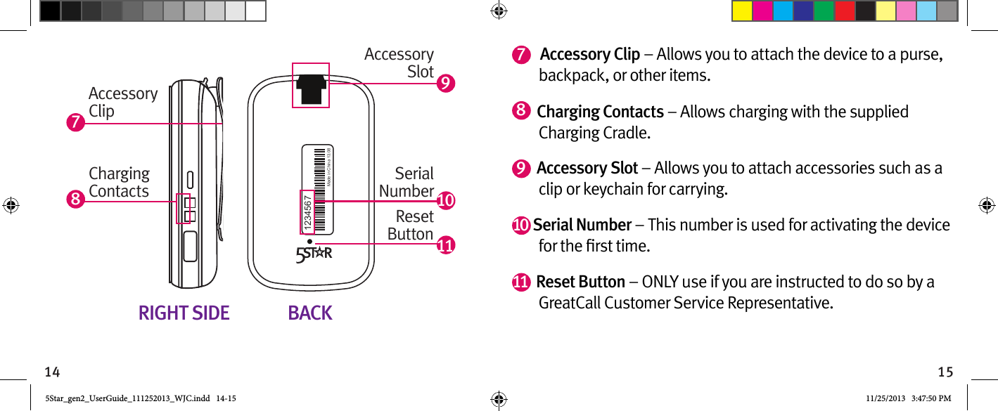 14 151234567MODEL: APT230 FCC ID P4M-APT230QUALCOMM 3G CDMAMade in China 13.0891011BACKRIGHT SIDEAccessory SlotSerialNumberChargingContactsAccessoryClipResetButton787 Accessory Clip – Allows you to attach the device to a purse, backpack, or other items.8Charging Contacts – Allows charging with the supplied Charging Cradle.9Accessory Slot – Allows you to attach accessories such as a clip or keychain for carrying.10 Serial Number – This number is used for activating the device 11  Reset Button – ONLY use if you are instructed to do so by a GreatCall Customer Service Representative. 5Star_gen2_UserGuide_111252013_WJC.indd   14-15 11/25/2013   3:47:50 PM