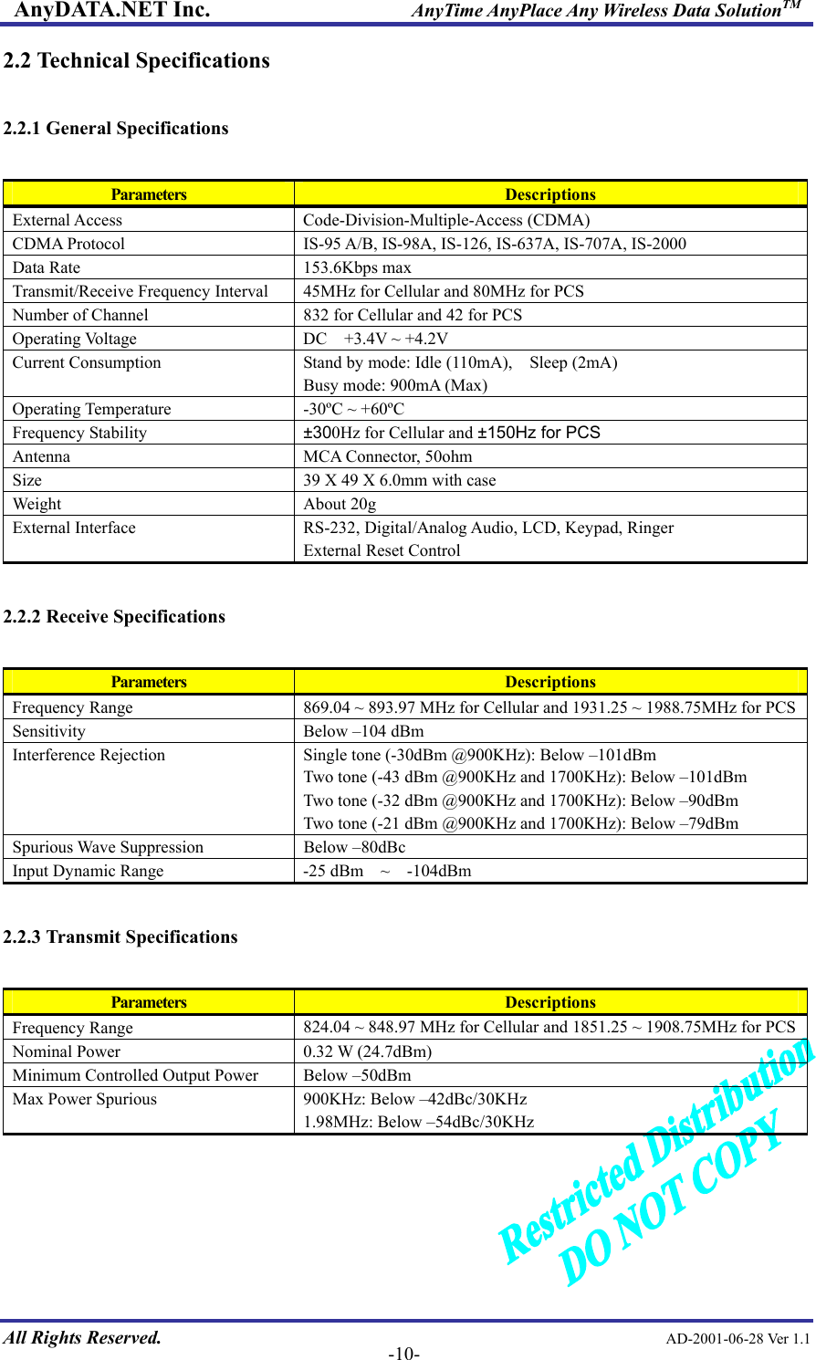 AnyDATA.NET Inc.                     AnyTime AnyPlace Any Wireless Data SolutionTM 2.2 Technical Specifications  2.2.1 General Specifications  Parameters  Descriptions External Access  Code-Division-Multiple-Access (CDMA) CDMA Protocol  IS-95 A/B, IS-98A, IS-126, IS-637A, IS-707A, IS-2000 Data Rate  153.6Kbps max Transmit/Receive Frequency Interval  45MHz for Cellular and 80MHz for PCS Number of Channel  832 for Cellular and 42 for PCS Operating Voltage  DC  +3.4V ~ +4.2V Current Consumption  Stand by mode: Idle (110mA),    Sleep (2mA) Busy mode: 900mA (Max) Operating Temperature  -30ºC ~ +60ºC Frequency Stability  ±300Hz for Cellular and ±150Hz for PCS Antenna  MCA Connector, 50ohm Size  39 X 49 X 6.0mm with case Weight About 20g External Interface  RS-232, Digital/Analog Audio, LCD, Keypad, Ringer External Reset Control  2.2.2 Receive Specifications  Parameters  Descriptions Frequency Range  869.04 ~ 893.97 MHz for Cellular and 1931.25 ~ 1988.75MHz for PCSSensitivity  Below –104 dBm Interference Rejection  Single tone (-30dBm @900KHz): Below –101dBm Two tone (-43 dBm @900KHz and 1700KHz): Below –101dBm Two tone (-32 dBm @900KHz and 1700KHz): Below –90dBm Two tone (-21 dBm @900KHz and 1700KHz): Below –79dBm Spurious Wave Suppression  Below –80dBc Input Dynamic Range  -25 dBm  ~  -104dBm  2.2.3 Transmit Specifications  Parameters  Descriptions Frequency Range  824.04 ~ 848.97 MHz for Cellular and 1851.25 ~ 1908.75MHz for PCSNominal Power  0.32 W (24.7dBm) Minimum Controlled Output Power  Below –50dBm Max Power Spurious  900KHz: Below –42dBc/30KHz 1.98MHz: Below –54dBc/30KHz   All Rights Reserved.                                                AD-2001-06-28 Ver 1.1  -10-