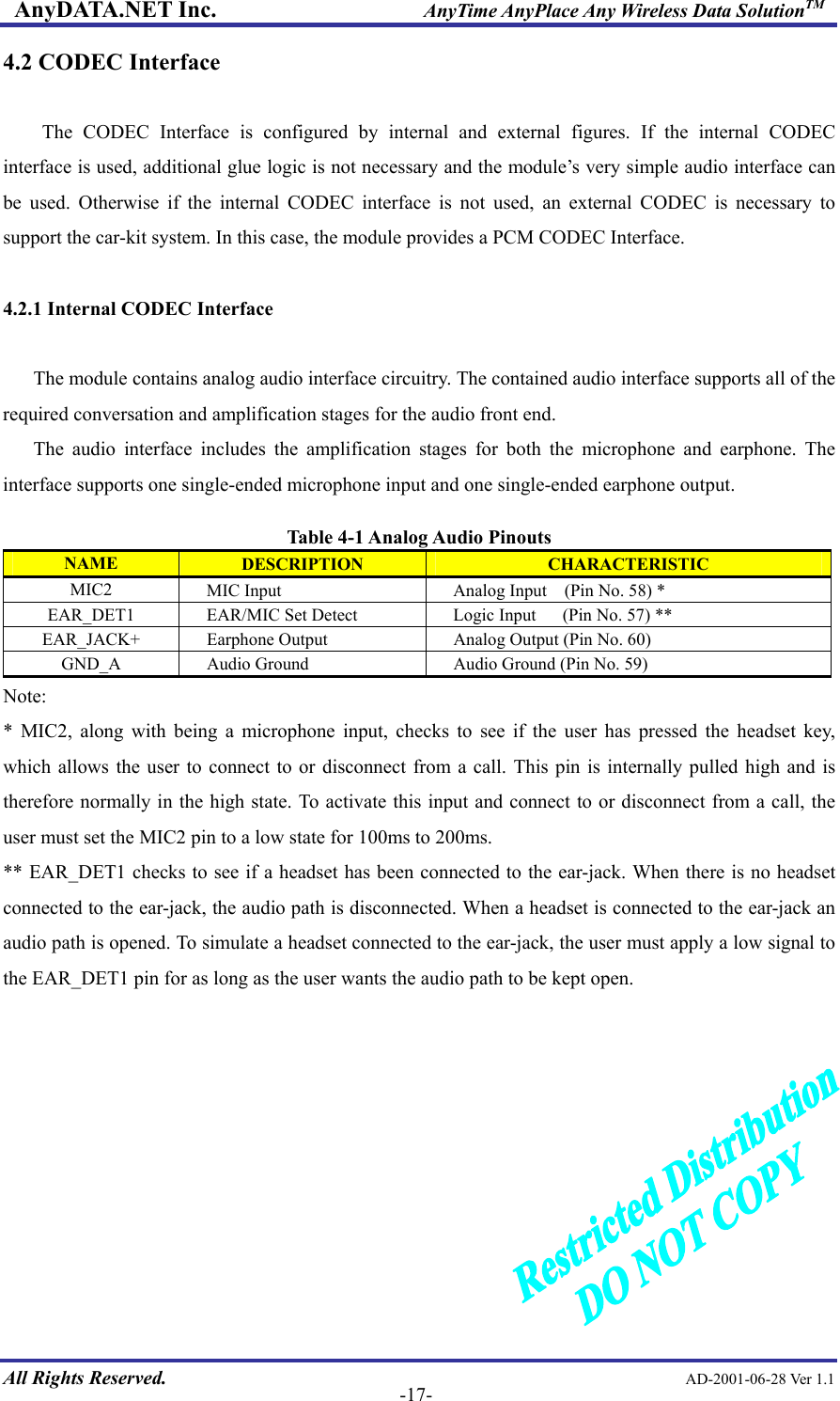 AnyDATA.NET Inc.                     AnyTime AnyPlace Any Wireless Data SolutionTM 4.2 CODEC Interface  The CODEC Interface is configured by internal and external figures. If the internal CODEC interface is used, additional glue logic is not necessary and the module’s very simple audio interface can be used. Otherwise if the internal CODEC interface is not used, an external CODEC is necessary to support the car-kit system. In this case, the module provides a PCM CODEC Interface.  4.2.1 Internal CODEC Interface  The module contains analog audio interface circuitry. The contained audio interface supports all of the required conversation and amplification stages for the audio front end.   The audio interface includes the amplification stages for both the microphone and earphone. The interface supports one single-ended microphone input and one single-ended earphone output.    Table 4-1 Analog Audio Pinouts NAME  DESCRIPTION  CHARACTERISTIC MIC2      MIC Input  Analog Input    (Pin No. 58) * EAR_DET1  EAR/MIC Set Detect      Logic Input      (Pin No. 57) ** EAR_JACK+  Earphone Output      Analog Output (Pin No. 60) GND_A  Audio Ground      Audio Ground (Pin No. 59) Note:  * MIC2, along with being a microphone input, checks to see if the user has pressed the headset key, which allows the user to connect to or disconnect from a call. This pin is internally pulled high and is therefore normally in the high state. To activate this input and connect to or disconnect from a call, the user must set the MIC2 pin to a low state for 100ms to 200ms. ** EAR_DET1 checks to see if a headset has been connected to the ear-jack. When there is no headset connected to the ear-jack, the audio path is disconnected. When a headset is connected to the ear-jack an audio path is opened. To simulate a headset connected to the ear-jack, the user must apply a low signal to the EAR_DET1 pin for as long as the user wants the audio path to be kept open.         All Rights Reserved.                                                AD-2001-06-28 Ver 1.1  -17-  