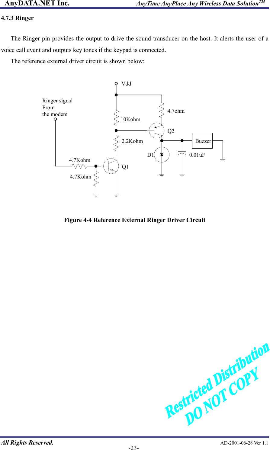 AnyDATA.NET Inc.                     AnyTime AnyPlace Any Wireless Data SolutionTM 4.7.3 Ringer  The Ringer pin provides the output to drive the sound transducer on the host. It alerts the user of a voice call event and outputs key tones if the keypad is connected.   The reference external driver circuit is shown below:    4.7ohm10Kohm2.2Kohm4.7Kohm4.7KohmQ1Q2D1VddRinger signalFromthe modem0.01uFBuzzer  Figure 4-4 Reference External Ringer Driver Circuit  All Rights Reserved.                                                AD-2001-06-28 Ver 1.1  -23-