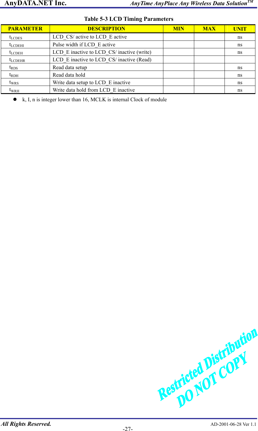 AnyDATA.NET Inc.                     AnyTime AnyPlace Any Wireless Data SolutionTM Table 5-3 LCD Timing Parameters PARAMETER  DESCRIPTION  MIN  MAX  UNIT tLCDES  LCD_CS/ active to LCD_E active    ns tLCDEHI Pulse width if LCD_E active      ns tLCDEH LCD_E inactive to LCD_CS/ inactive (write)      ns tLCDEHR LCD_E inactive to LCD_CS/ inactive (Read)       tRDS Read data setup      ns tRDH Read data hold      ns tWRS Write data setup to LCD_E inactive      ns tWRH Write data hold from LCD_E inactive      ns  k, I, n is integer lower than 16, MCLK is internal Clock of module                            All Rights Reserved.                                                AD-2001-06-28 Ver 1.1  -27-  