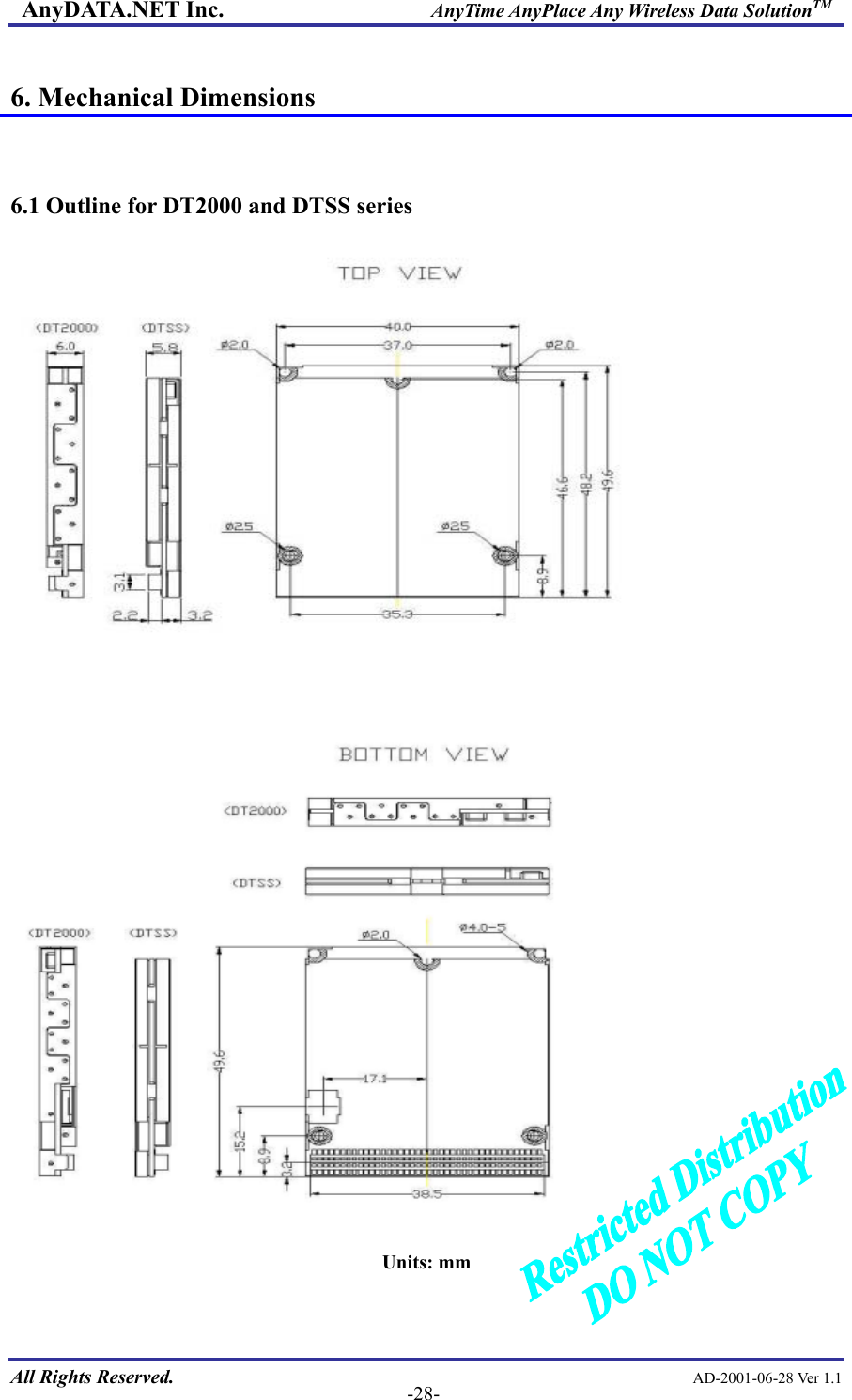 AnyDATA.NET Inc.                     AnyTime AnyPlace Any Wireless Data SolutionTM  6. Mechanical Dimensions   6.1 Outline for DT2000 and DTSS series  All Rights Reserved.                                                AD-2001-06-28 Ver 1.1  -28-  Units: mm 