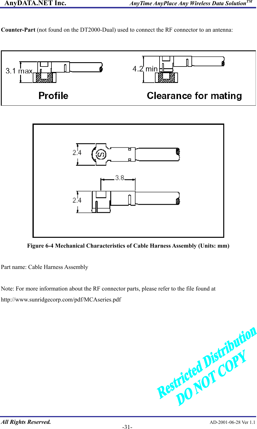 AnyDATA.NET Inc.                     AnyTime AnyPlace Any Wireless Data SolutionTM  All Rights Reserved.                                                AD-2001-06-28 Ver 1.1  -31- Counter-Part (not found on the DT2000-Dual) used to connect the RF connector to an antenna:     Figure 6-4 Mechanical Characteristics of Cable Harness Assembly (Units: mm)  Part name: Cable Harness Assembly  Note: For more information about the RF connector parts, please refer to the file found at http://www.sunridgecorp.com/pdf/MCAseries.pdf 