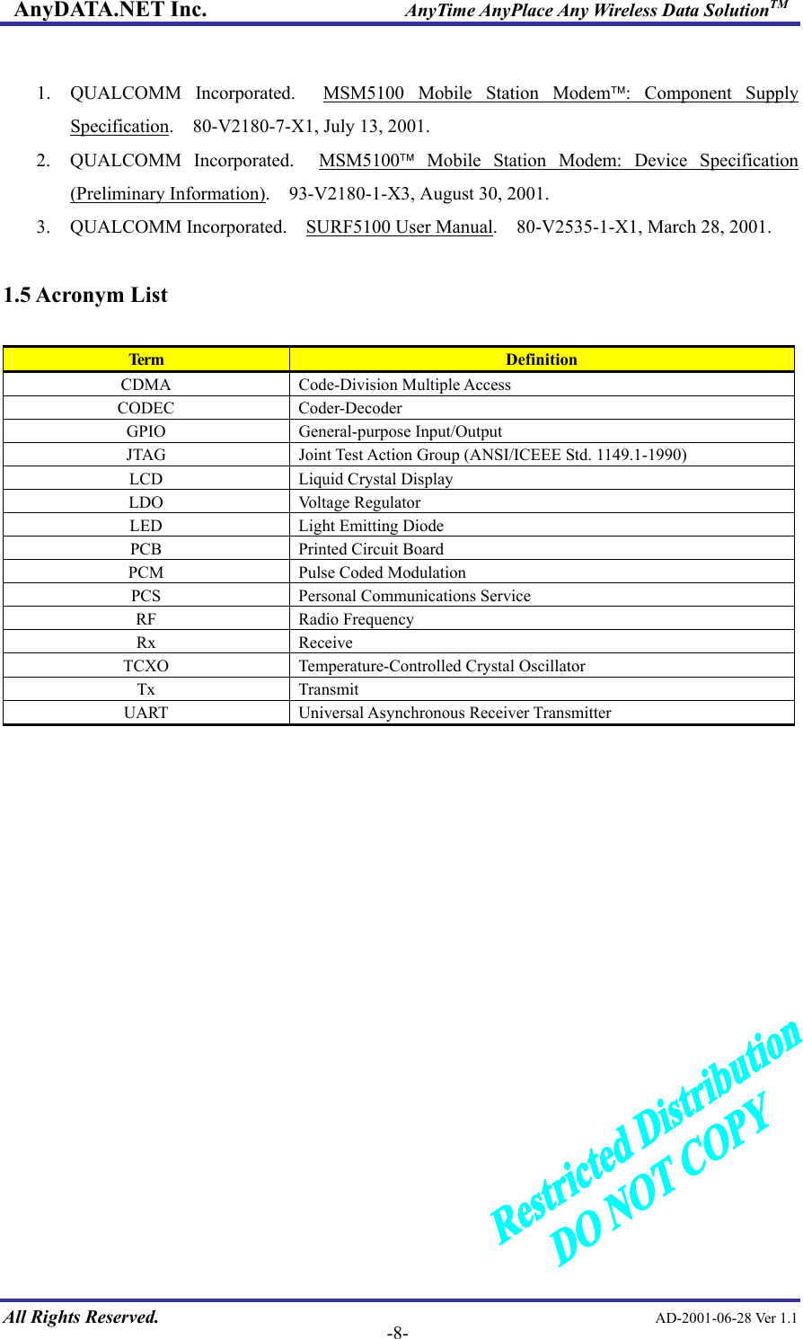 AnyDATA.NET Inc.                     AnyTime AnyPlace Any Wireless Data SolutionTM  1.  QUALCOMM Incorporated.  MSM5100 Mobile Station Modem: Component Supply Specification.    80-V2180-7-X1, July 13, 2001. 2.  QUALCOMM Incorporated.  MSM5100 Mobile Station Modem: Device Specification (Preliminary Information).    93-V2180-1-X3, August 30, 2001. 3.  QUALCOMM Incorporated.    SURF5100 User Manual.    80-V2535-1-X1, March 28, 2001.  1.5 Acronym List  Term  Definition CDMA Code-Division Multiple Access CODEC Coder-Decoder GPIO General-purpose Input/Output JTAG  Joint Test Action Group (ANSI/ICEEE Std. 1149.1-1990) LCD  Liquid Crystal Display LDO Voltage Regulator LED  Light Emitting Diode PCB  Printed Circuit Board PCM  Pulse Coded Modulation PCS  Personal Communications Service RF Radio Frequency Rx Receive TCXO  Temperature-Controlled Crystal Oscillator Tx Transmit UART Universal Asynchronous Receiver Transmitter                All Rights Reserved.                                                AD-2001-06-28 Ver 1.1  -8-  