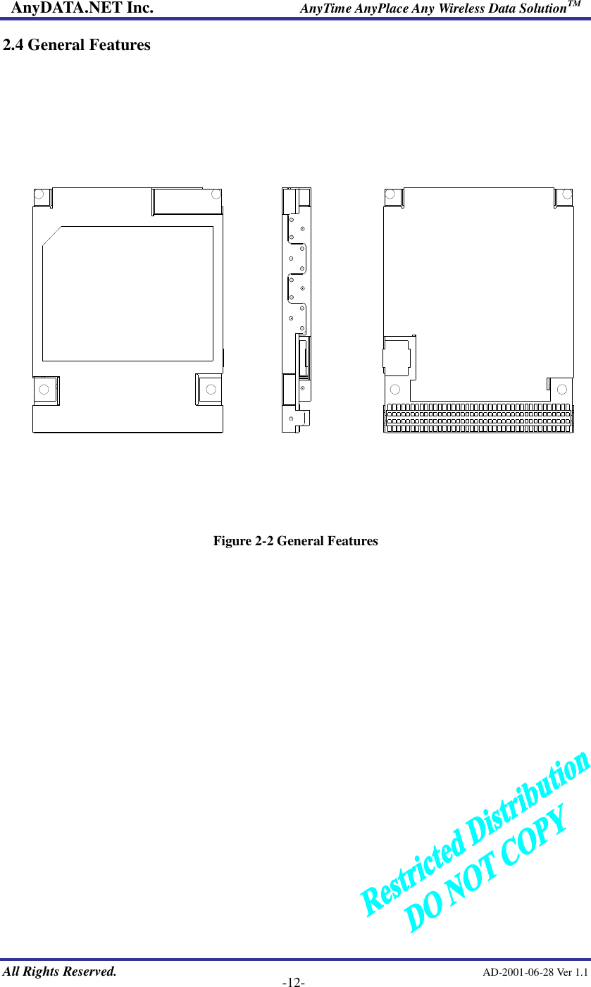 AnyDATA.NET Inc.                     AnyTime AnyPlace Any Wireless Data SolutionTM   All Rights Reserved.                                                AD-2001-06-28 Ver 1.1    -12- 2.4 General Features   Figure 2-2 General Features                