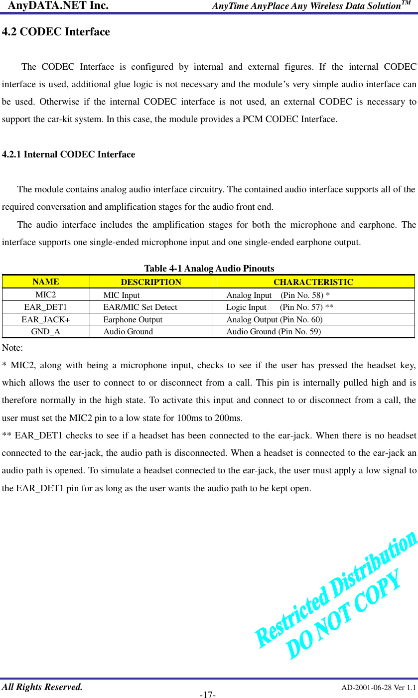 AnyDATA.NET Inc.                     AnyTime AnyPlace Any Wireless Data SolutionTM   All Rights Reserved.                                                AD-2001-06-28 Ver 1.1    -17- 4.2 CODEC Interface  The CODEC Interface is configured by internal and external figures. If  the  internal CODEC interface is used, additional glue logic is not necessary and the module…s very simple audio interface can be used. Otherwise if the internal CODEC interface is not used, an external CODEC is necessary to support the car-kit system. In this case, the module provides a PCM CODEC Interface.  4.2.1 Internal CODEC Interface  The module contains analog audio interface circuitry. The contained audio interface supports all of the required conversation and amplification stages for the audio front end.   The audio interface includes the amplification stages for both the microphone and earphone. The interface supports one single-ended microphone input and one single-ended earphone output.    Table 4-1 Analog Audio Pinouts NAME  DESCRIPTION  CHARACTERISTIC MIC2    MIC Input  Analog Input  (Pin No. 58) * EAR_DET1  EAR/MIC Set Detect    Logic Input   (Pin No. 57) ** EAR_JACK+  Earphone Output    Analog Output (Pin No. 60) GND_A  Audio Ground    Audio Ground (Pin No. 59) Note:   * MIC2, along with being a microphone input, checks to see if the user has pressed the headset key, which allows the user to connect to or disconnect from a call. This pin is internally pulled high and is therefore normally in the high state. To activate this input and connect to or disconnect from a call, the user must set the MIC2 pin to a low state for 100ms to 200ms. ** EAR_DET1 checks to see if a headset has been connected to the ear-jack. When there is no headset connected to the ear-jack, the audio path is disconnected. When a headset is connected to the ear-jack an audio path is opened. To simulate a headset connected to the ear-jack, the user must apply a low signal to the EAR_DET1 pin for as long as the user wants the audio path to be kept open.          