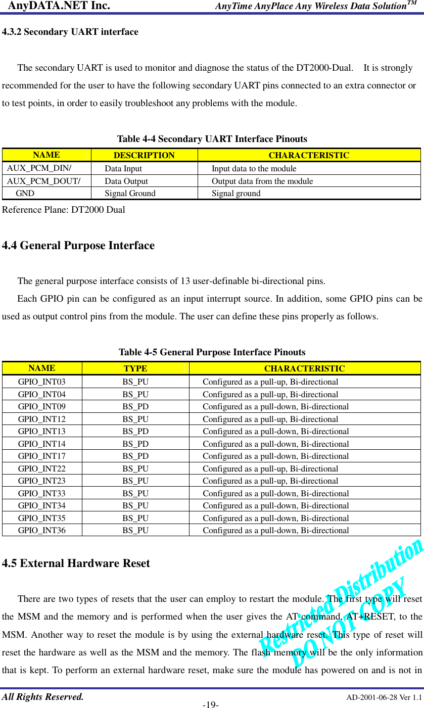 AnyDATA.NET Inc.                     AnyTime AnyPlace Any Wireless Data SolutionTM   All Rights Reserved.                                                AD-2001-06-28 Ver 1.1    -19- 4.3.2 Secondary UART interface  The secondary UART is used to monitor and diagnose the status of the DT2000-Dual.  It is strongly recommended for the user to have the following secondary UART pins connected to an extra connector or to test points, in order to easily troubleshoot any problems with the module.  Table 4-4 Secondary UART Interface Pinouts NAME  DESCRIPTION  CHARACTERISTIC AUX_PCM_DIN/    Data Input  Input data to the module AUX_PCM_DOUT/    Data Output  Output data from the module GND    Signal Ground  Signal ground Reference Plane: DT2000 Dual  4.4 General Purpose Interface  The general purpose interface consists of 13 user-definable bi-directional pins.   Each GPIO pin can be configured as an input interrupt source. In addition, some GPIO pins can be used as output control pins from the module. The user can define these pins properly as follows.  Table 4-5 General Purpose Interface Pinouts NAME  TYPE  CHARACTERISTIC GPIO_INT03  BS_PU  Configured as a pull-up, Bi-directional GPIO_INT04  BS_PU  Configured as a pull-up, Bi-directional GPIO_INT09  BS_PD  Configured as a pull-down, Bi-directional GPIO_INT12  BS_PU  Configured as a pull-up, Bi-directional GPIO_INT13  BS_PD    Configured as a pull-down, Bi-directional GPIO_INT14  BS_PD    Configured as a pull-down, Bi-directional GPIO_INT17  BS_PD  Configured as a pull-down, Bi-directional GPIO_INT22  BS_PU  Configured as a pull-up, Bi-directional GPIO_INT23  BS_PU  Configured as a pull-up, Bi-directional GPIO_INT33  BS_PU    Configured as a pull-down, Bi-directional GPIO_INT34  BS_PU    Configured as a pull-down, Bi-directional GPIO_INT35  BS_PU    Configured as a pull-down, Bi-directional GPIO_INT36  BS_PU    Configured as a pull-down, Bi-directional  4.5 External Hardware Reset  There are two types of resets that the user can employ to restart the module. The first type will reset the MSM and the memory and is performed when the user gives the AT command, AT+RESET, to the MSM. Another way to reset the module is by using the external hardware reset. This type of reset will reset the hardware as well as the MSM and the memory. The flash memory will be the only information that is kept. To perform an external hardware reset, make sure the module has powered on and is not in 