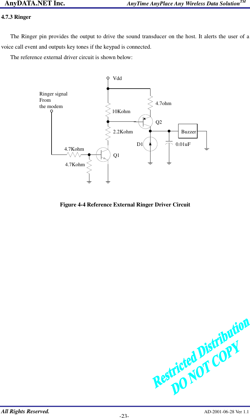 AnyDATA.NET Inc.                     AnyTime AnyPlace Any Wireless Data SolutionTM   All Rights Reserved.                                                AD-2001-06-28 Ver 1.1    -23- 4.7.3 Ringer  The Ringer pin provides the output to drive the sound transducer on the host. It alerts the user of a voice call event and outputs key tones if the keypad is connected.   The reference external driver circuit is shown below:    4.7ohm10Kohm2.2Kohm4.7Kohm4.7KohmQ1Q2D1VddRinger signalFromthe modem0.01uFBuzzer  Figure 4-4 Reference External Ringer Driver Circuit 