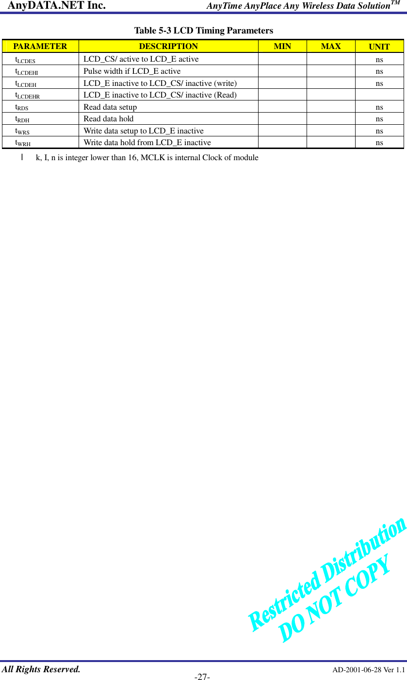 AnyDATA.NET Inc.                     AnyTime AnyPlace Any Wireless Data SolutionTM   All Rights Reserved.                                                AD-2001-06-28 Ver 1.1    -27- Table 5-3 LCD Timing Parameters PARAMETER  DESCRIPTION  MIN  MAX  UNIT tLCDES LCD_CS/ active to LCD_E active      ns tLCDEHI Pulse width if LCD_E active      ns tLCDEH LCD_E inactive to LCD_CS/ inactive (write)      ns tLCDEHR LCD_E inactive to LCD_CS/ inactive (Read)       tRDS Read data setup      ns tRDH Read data hold      ns tWRS Write data setup to LCD_E inactive      ns tWRH Write data hold from LCD_E inactive      ns l k, I, n is integer lower than 16, MCLK is internal Clock of module                             