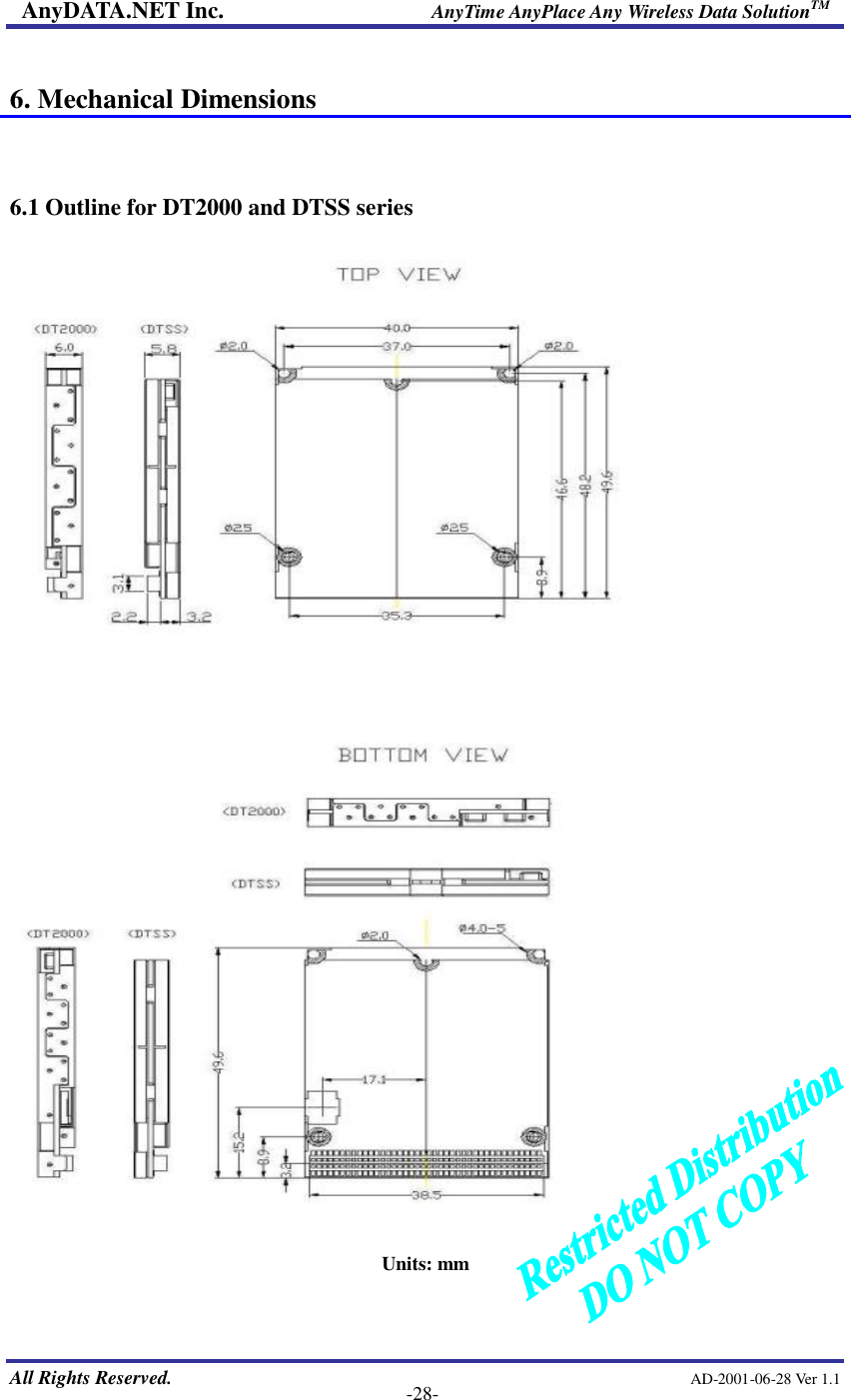 AnyDATA.NET Inc.                     AnyTime AnyPlace Any Wireless Data SolutionTM   All Rights Reserved.                                                AD-2001-06-28 Ver 1.1    -28-  6. Mechanical Dimensions   6.1 Outline for DT2000 and DTSS series   Units: mm 